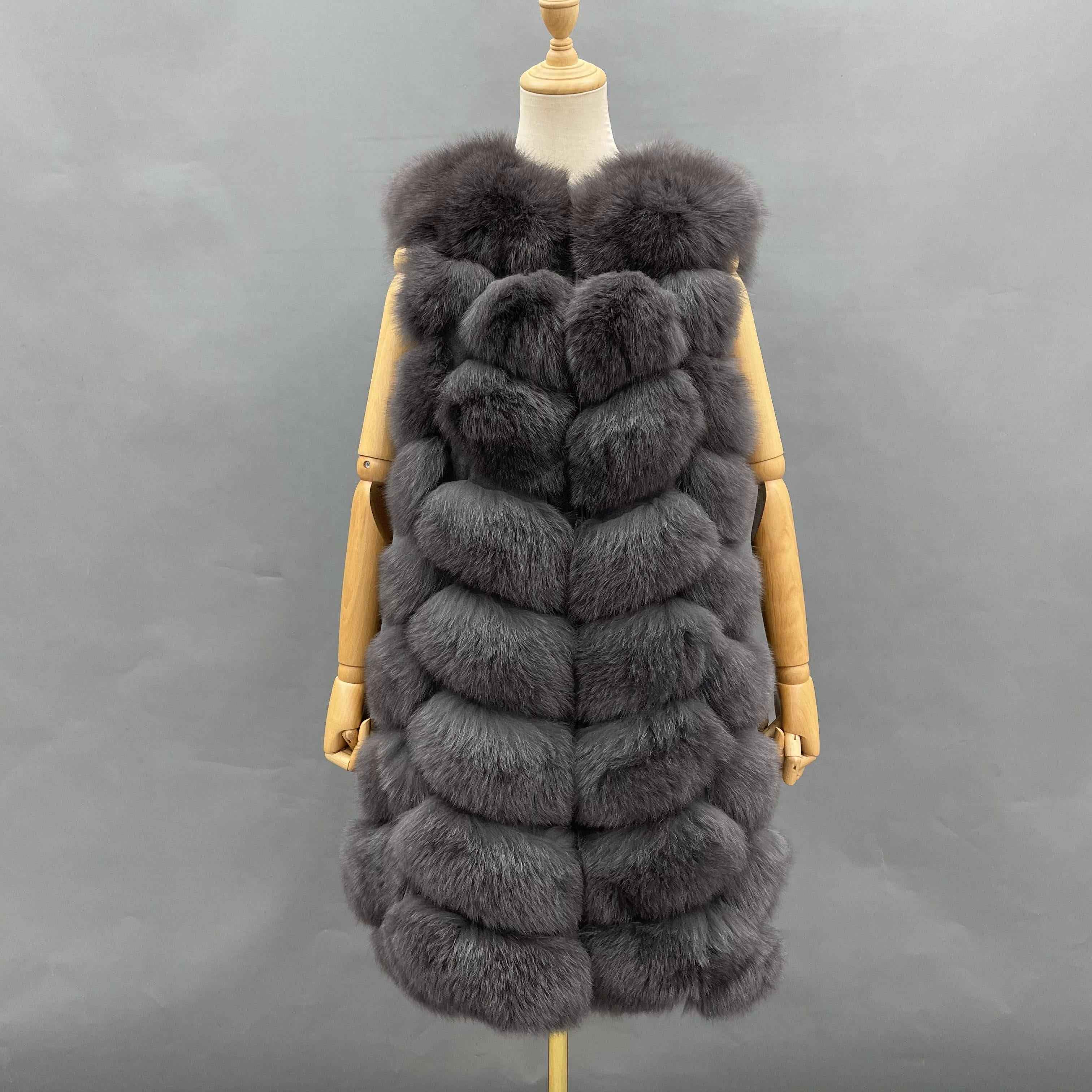Women's 8-Panel Hooded Fox Fur Long Vest - Super Warm Luxury Winter Essential Outerwear Light Black