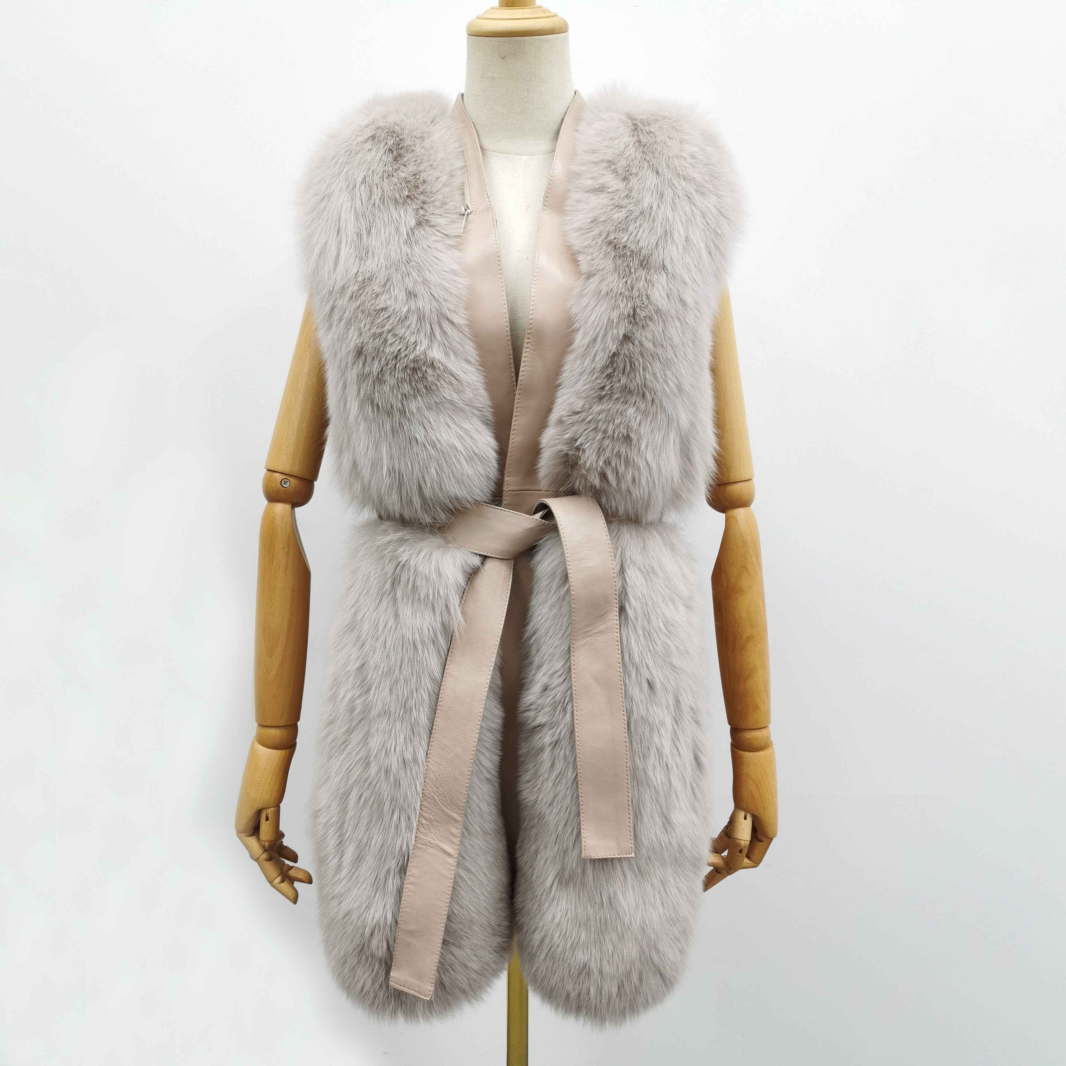 Women's Versatile Belted Fox Fur Vest - Stylish Outerwear Light Grey