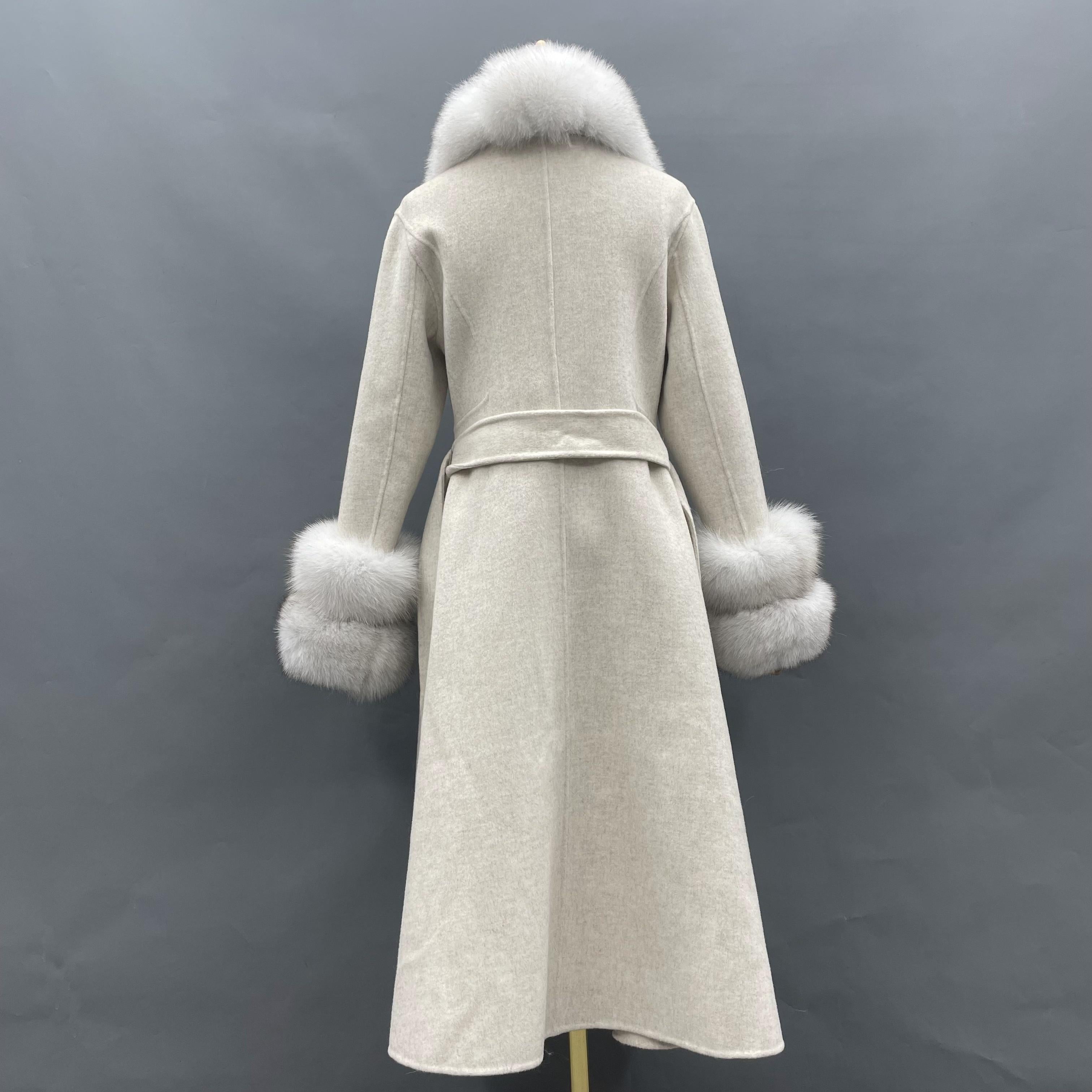 Women's Luxury Double - Faced Wool Coat with Segmented Fox Fur Collar, Two - Section Cuffs, Flared Skirt & Belt