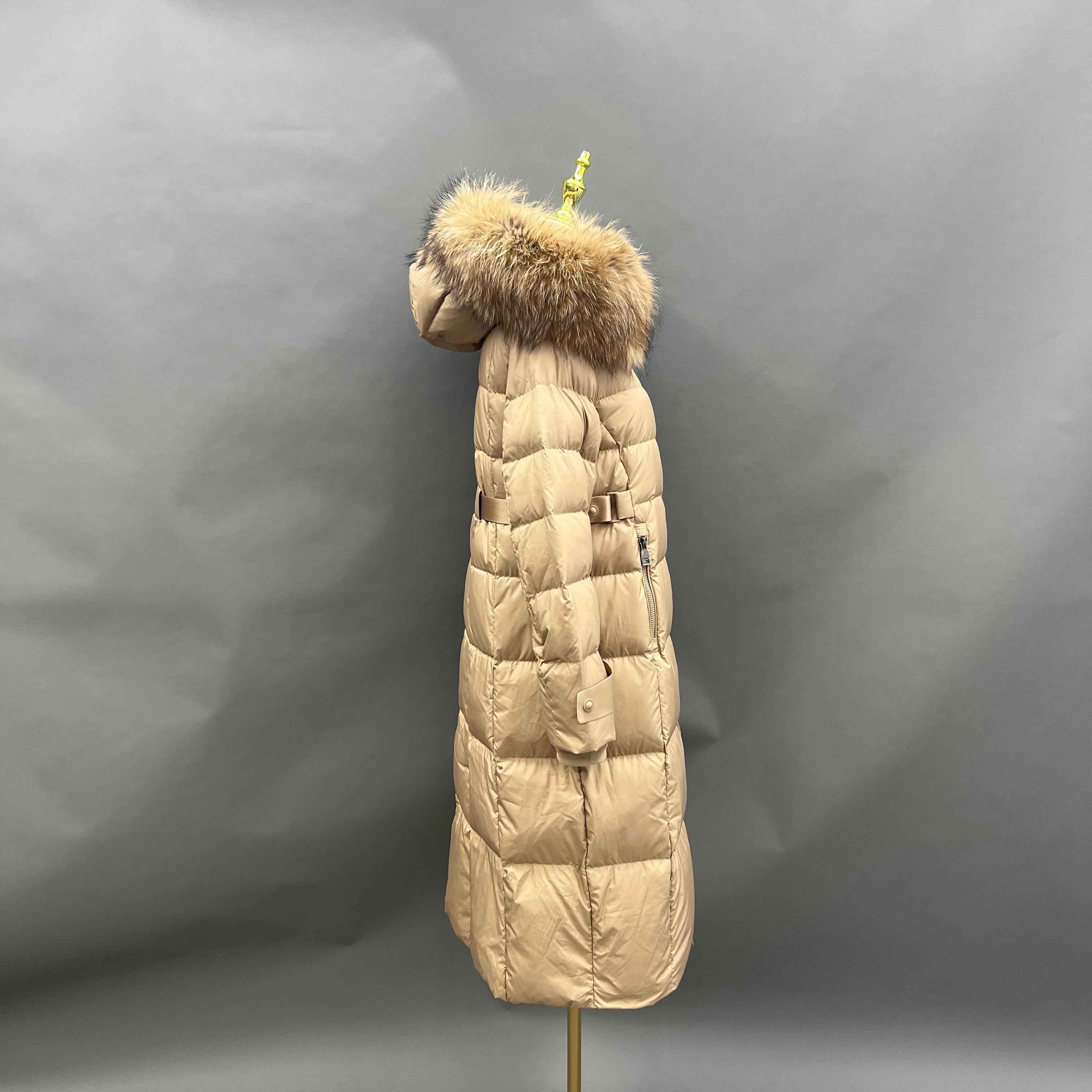 Women's Long Down Coat with Raccoon Fur - Trimmed Hood