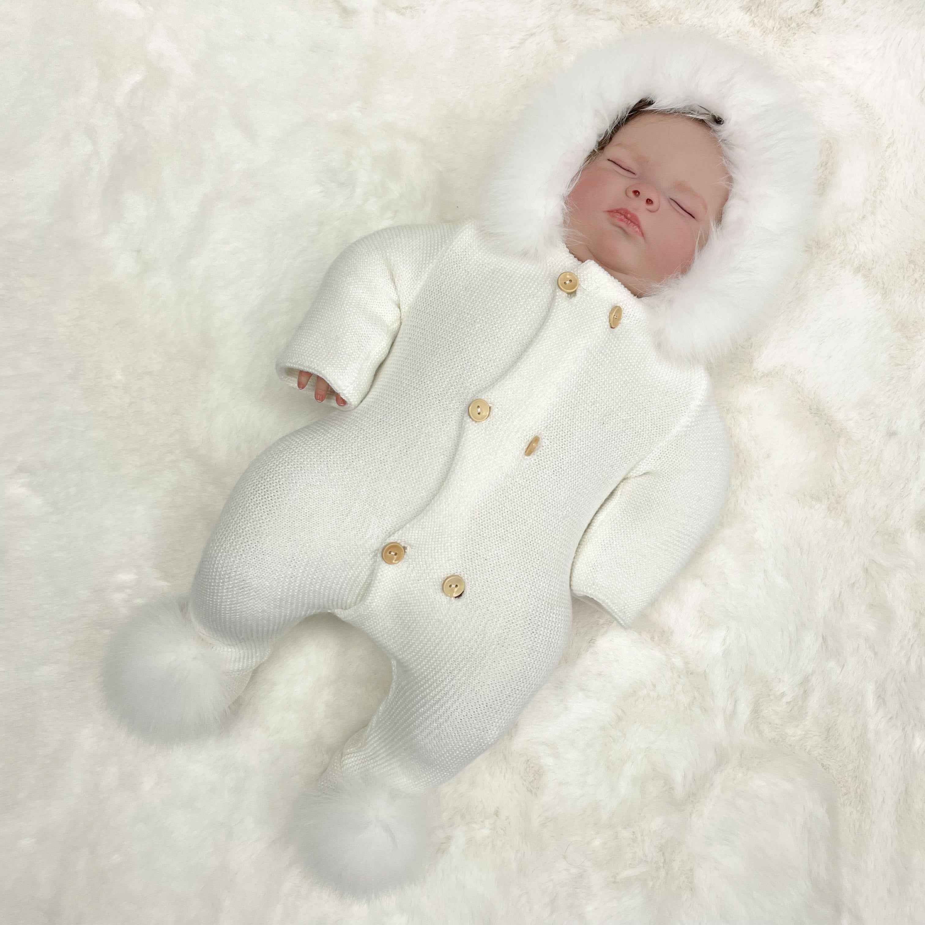 Soft Faux Fur Double-Breasted Knit Romper for Babies - Newborn to Toddler Warm Jumpsuit White F