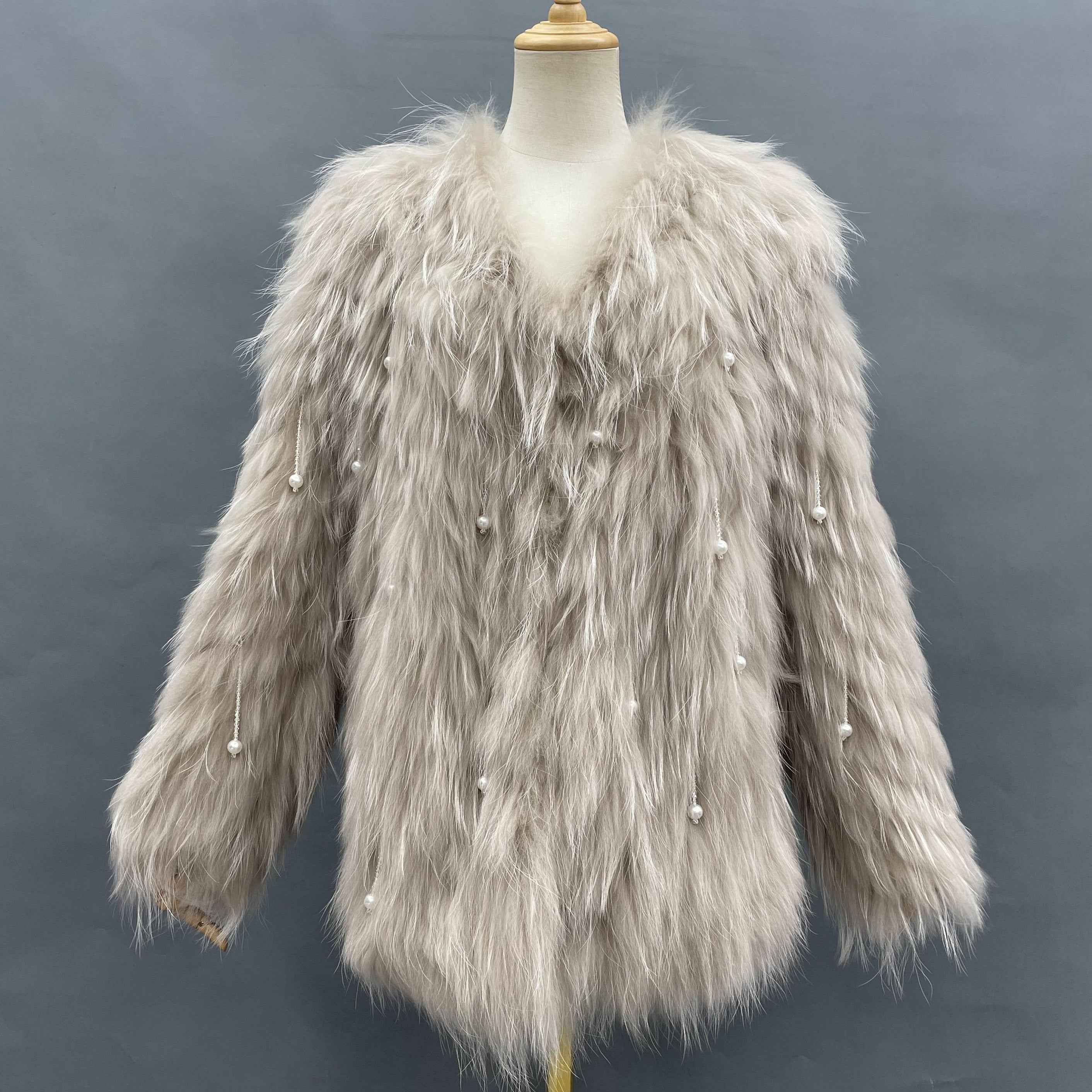 Women's Raccoon Fur Long Jacket - Pearl Tassel Party Statement Outerwear Beige F-CHEST 100