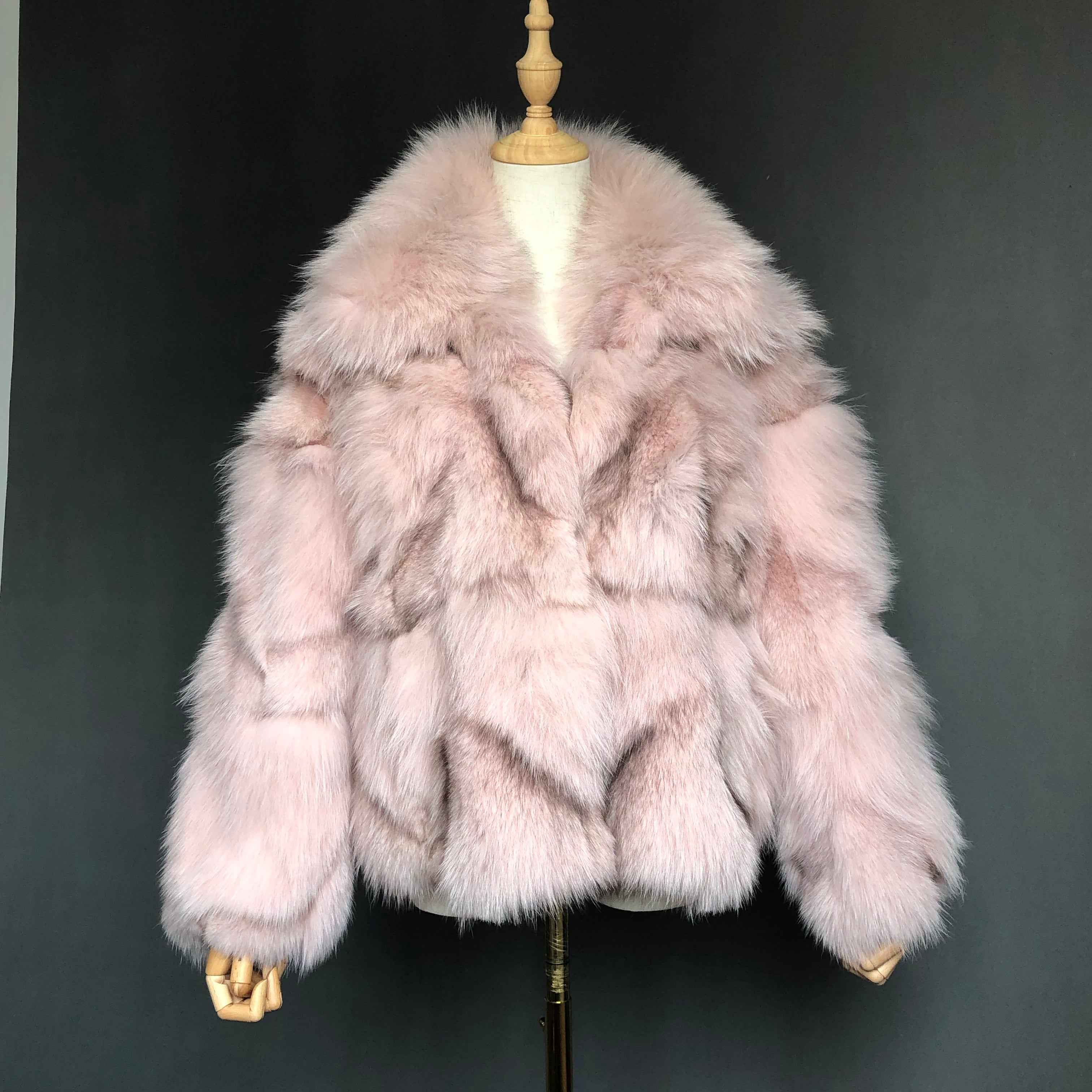 Genuine Fox Plum Leg Fur Long Coat - Winter Warm JANEFUR Pink