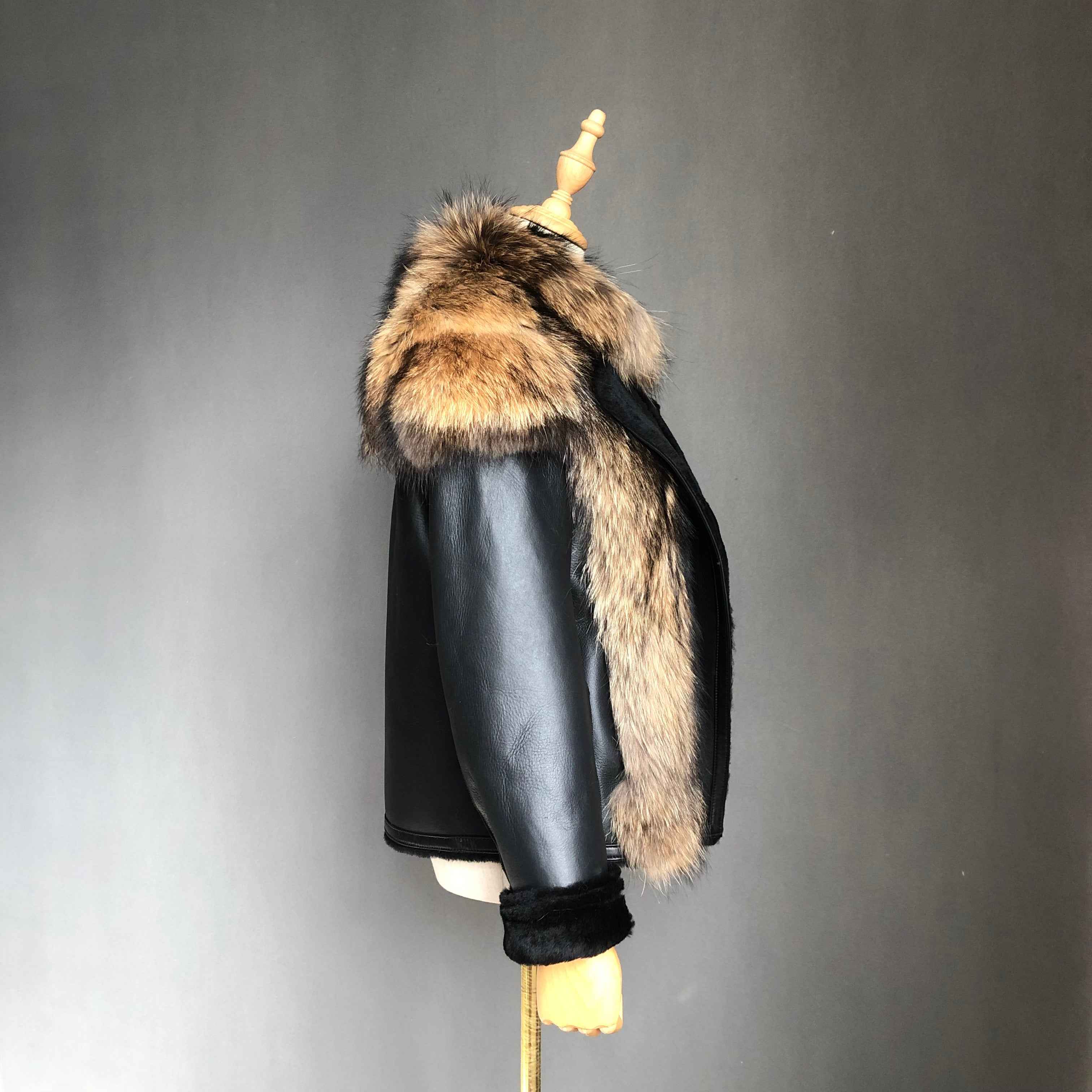 Women's Shearling Leather Coat with Raccoon Fur Trim - Windproof Luxury Winter Outerwear