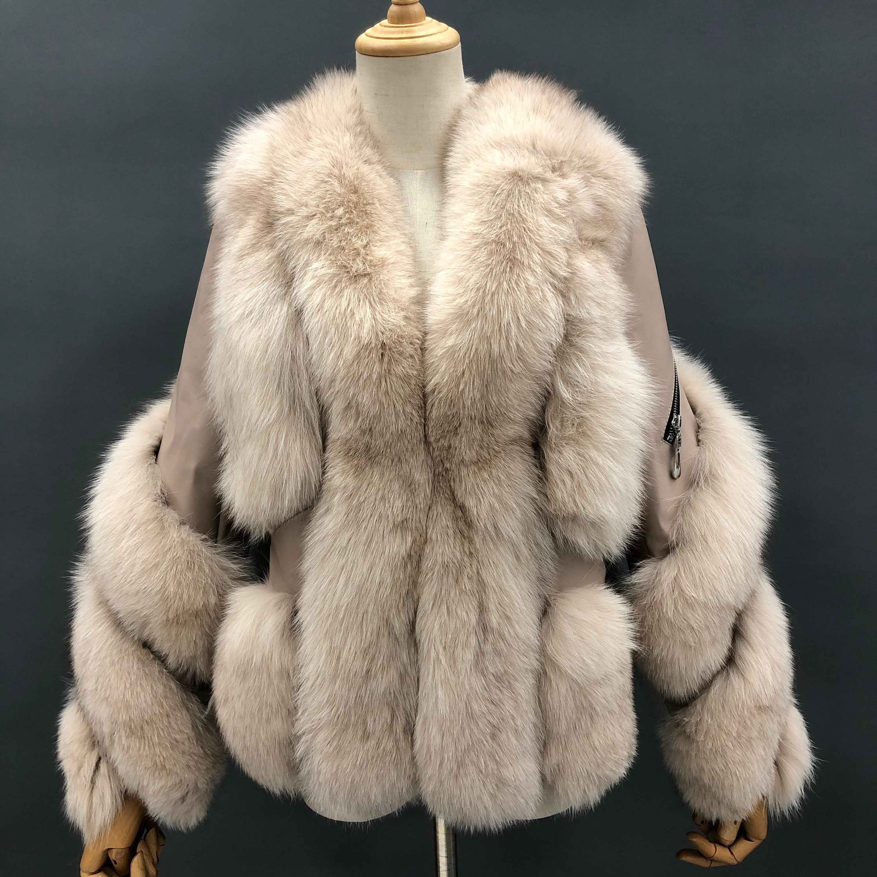 Luxury Blue Striped Fox Fur Coat with Leather Panels and Left Sleeve Zipper Detail Beige