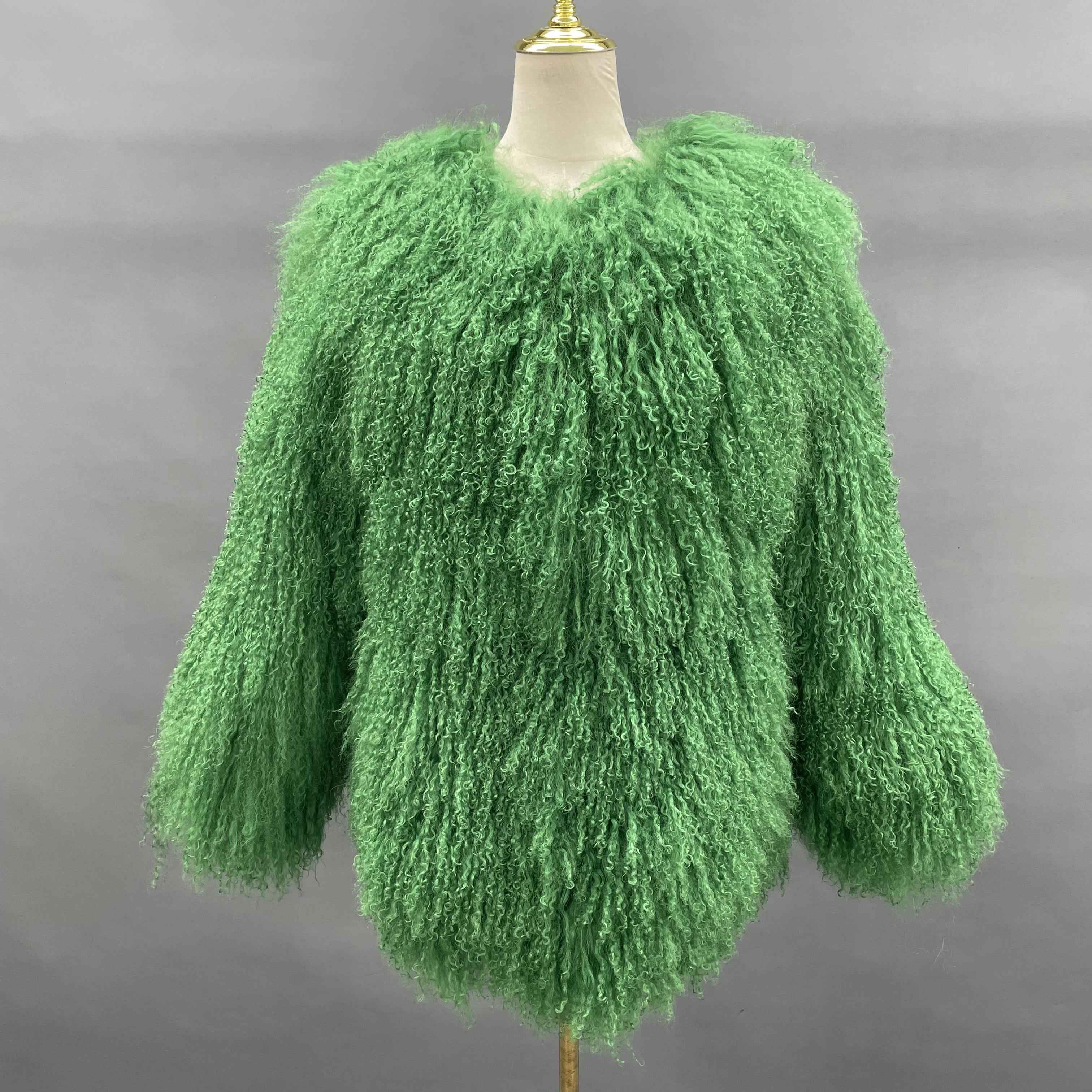 Women's Luxury Mid-Length Tibetan Lamb Fur Coat - Exclusive Harsh Winter Statement Outerwear Green