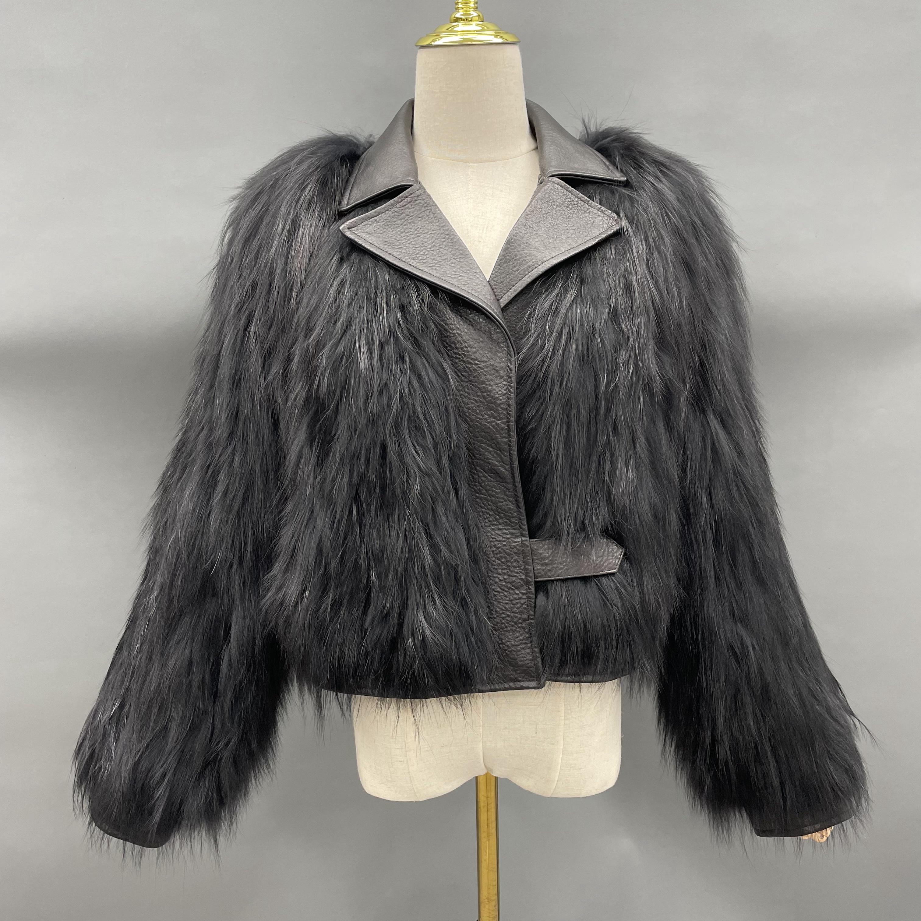 Women's Luxurious Raccoon Dog Fur Knitted Jacket with Leather Notched Lapel - Edgy Winter Outerwear