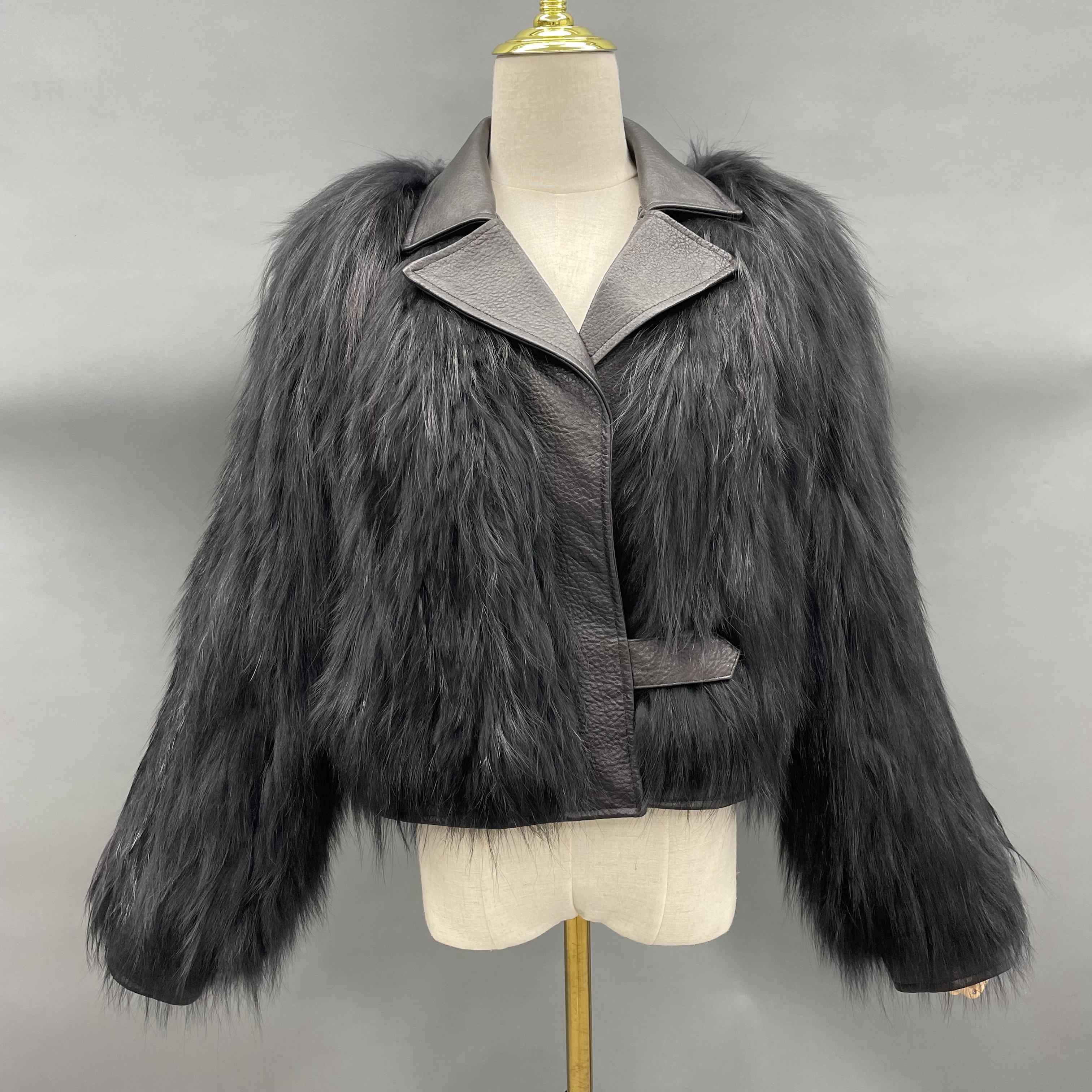 Women's Luxurious Raccoon Dog Fur Knitted Jacket with Leather Notched Lapel - Edgy Winter Outerwear