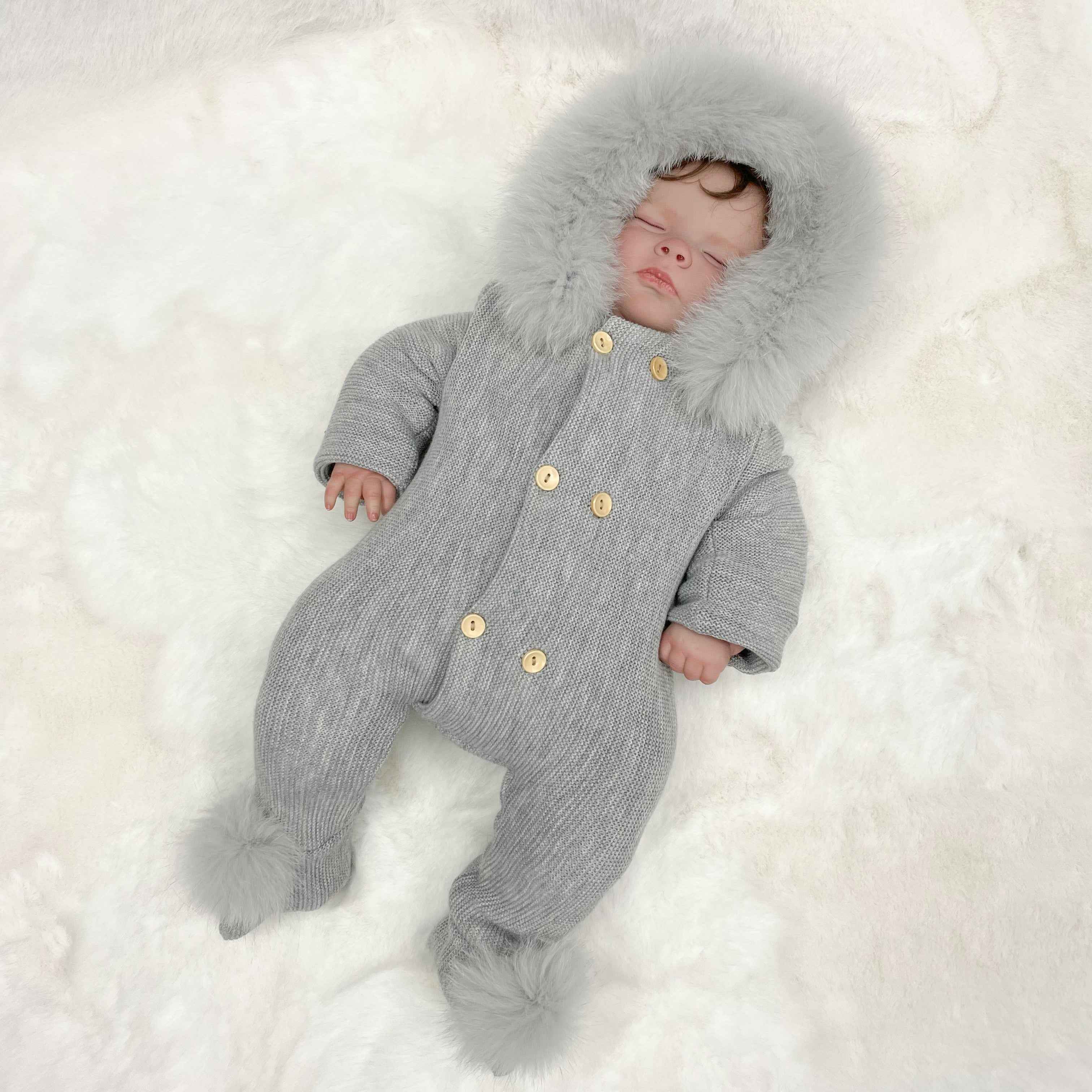 Soft Faux Fur Double-Breasted Knit Romper for Babies - Newborn to Toddler Warm Jumpsuit Grey F