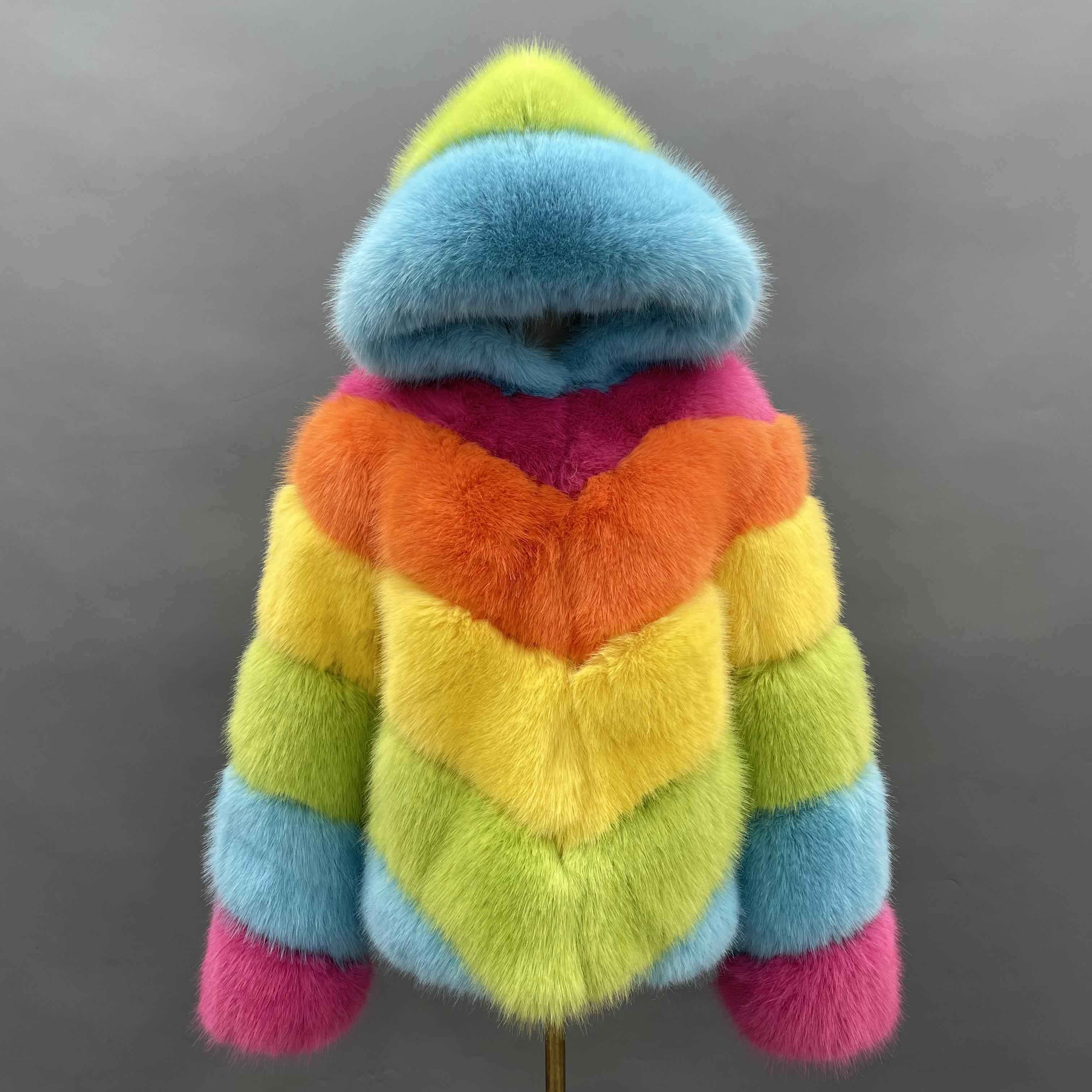 Women's 5-Panel Sleeve Hooded Faux Fur Coat with Diagonal Stripes - Highly Realistic Luxury Winter Outerwear Rainbow