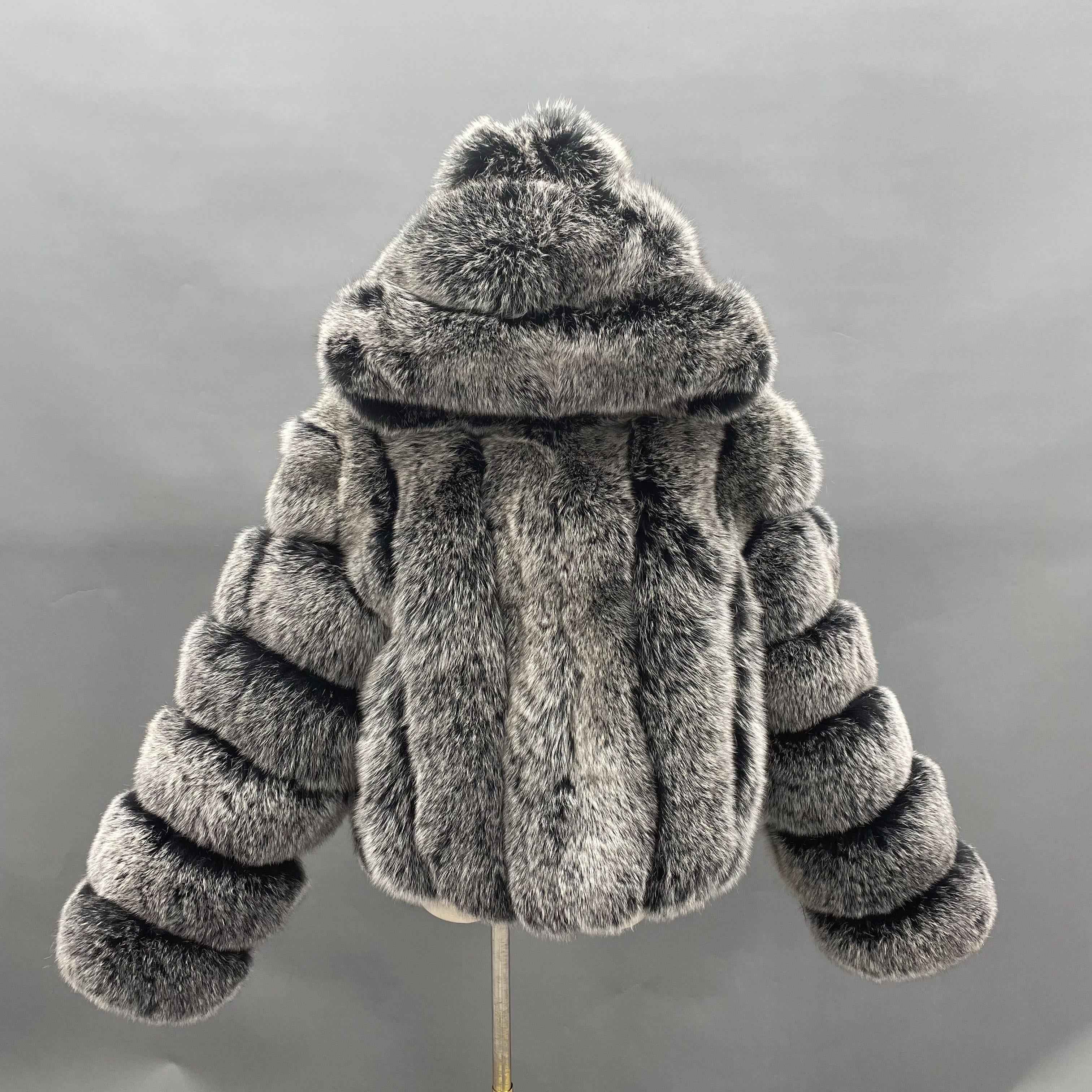 Women's Luxury Fox Fur Hooded Jacket - Versatile Style Winter Fashion Outerwear Sliver