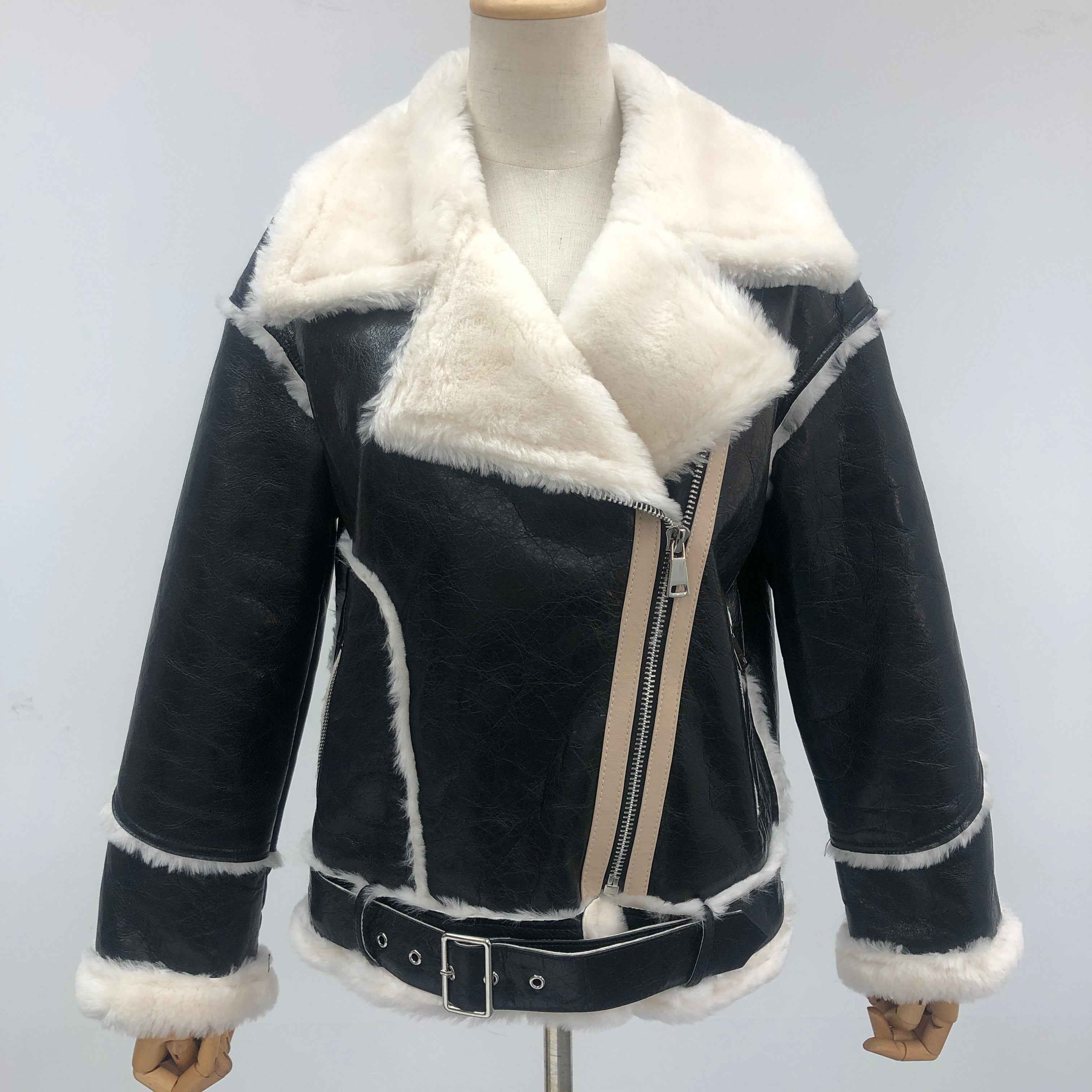 Women's Glossy Shearling Biker Jacket with Contrast Fur Trim & Edging - Luxe Winter Outerwear