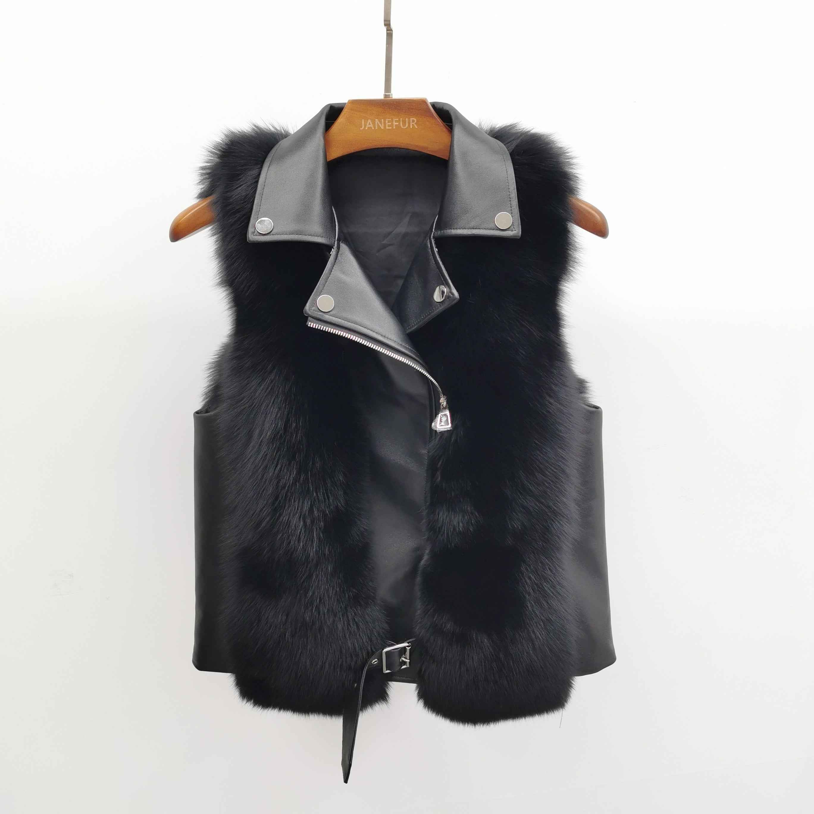Women's Fox Fur Vest with Leather Collar - Edgy Buckle-Accented Outerwear