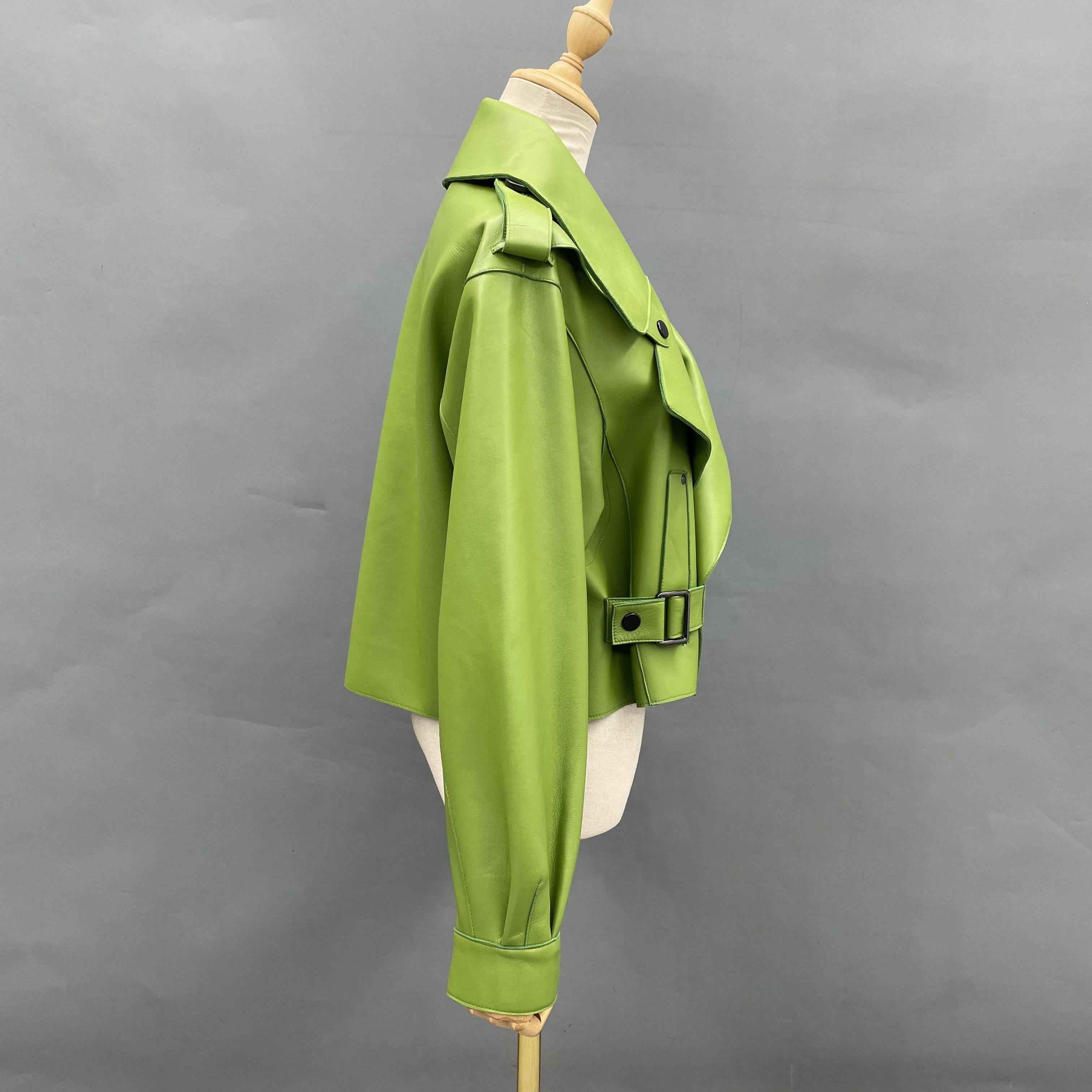 Women's Bright Green Faux Leather Biker Jacket with Wide Lapel, Slant Pockets & Belted Detail - Edgy Street Style Outerwear