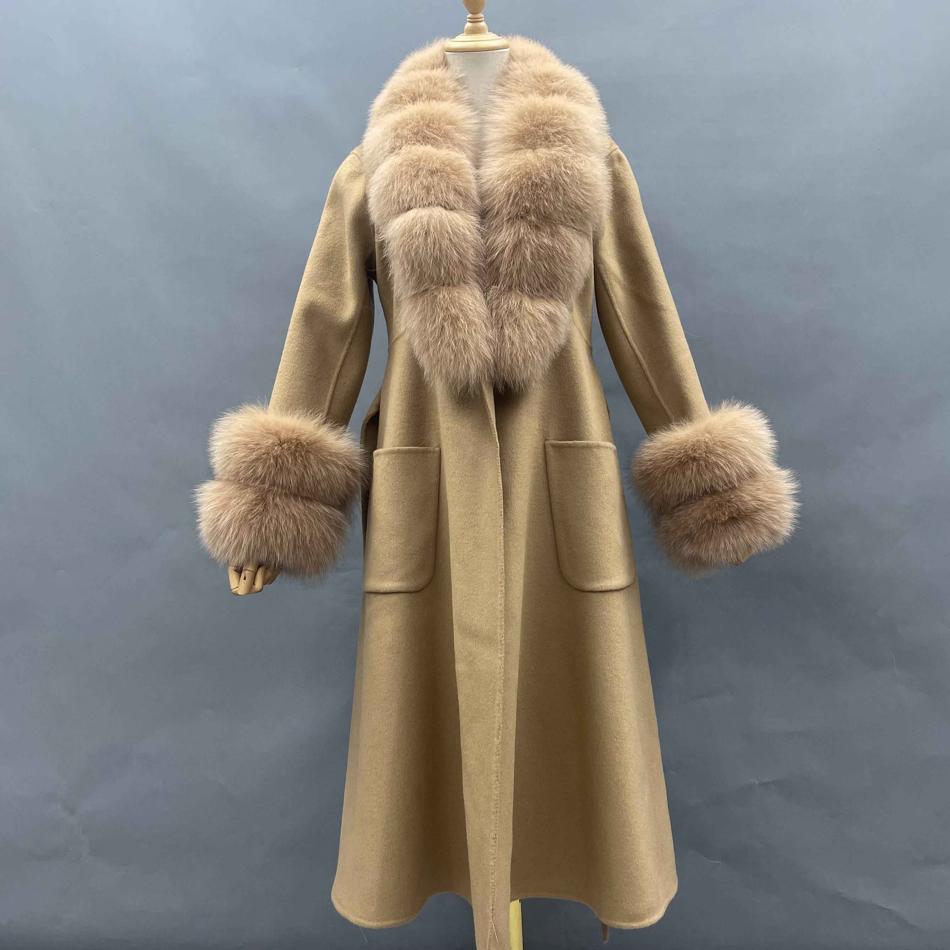 Women's Luxury Double - Faced Wool Coat with Segmented Fox Fur Collar, Two - Section Cuffs, Flared Skirt & Belt Brown