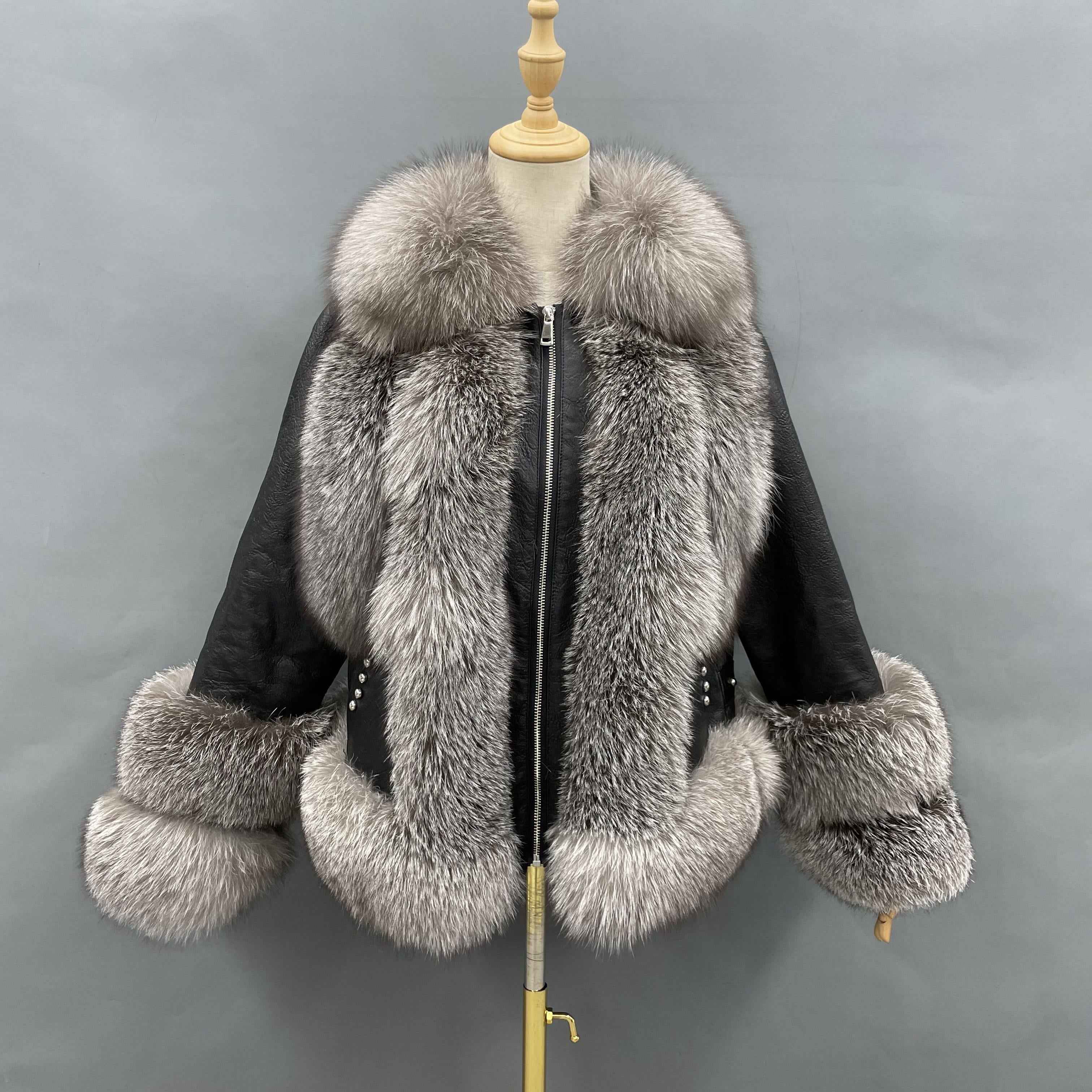 Women's Premium Fluffy Fox Fur Cropped Jacket - Two-Panel Fur Cuffs & Leather Patchwork with Zipper - Winter Chic Warm Luxury Outerwear Black