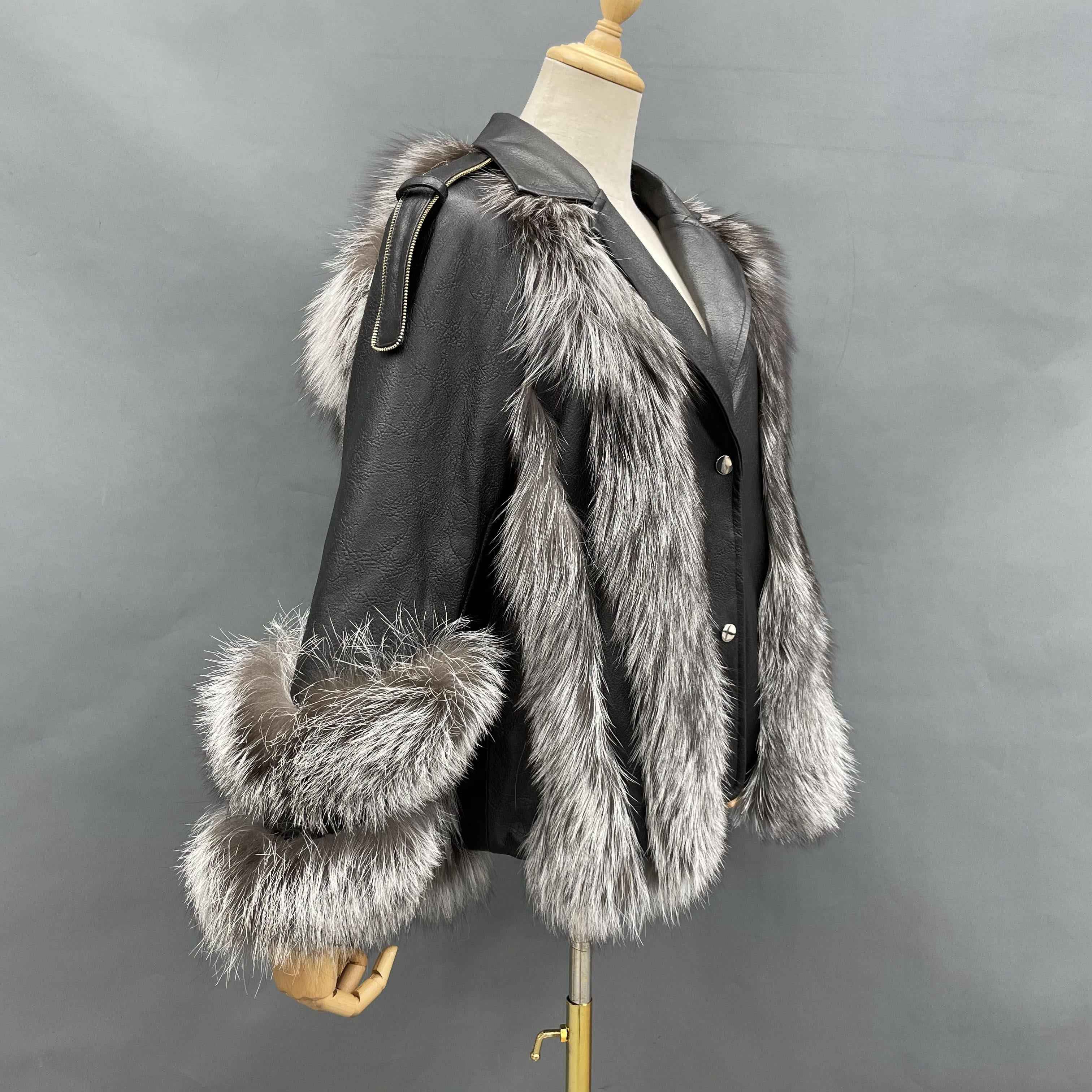 Women's Luxury Fox Fur & Leather Patchwork Jacket - Notched Lapel with Fur-Cuffed Sleeves & Shoulder Strap Detail Winter Fashion Outerwear