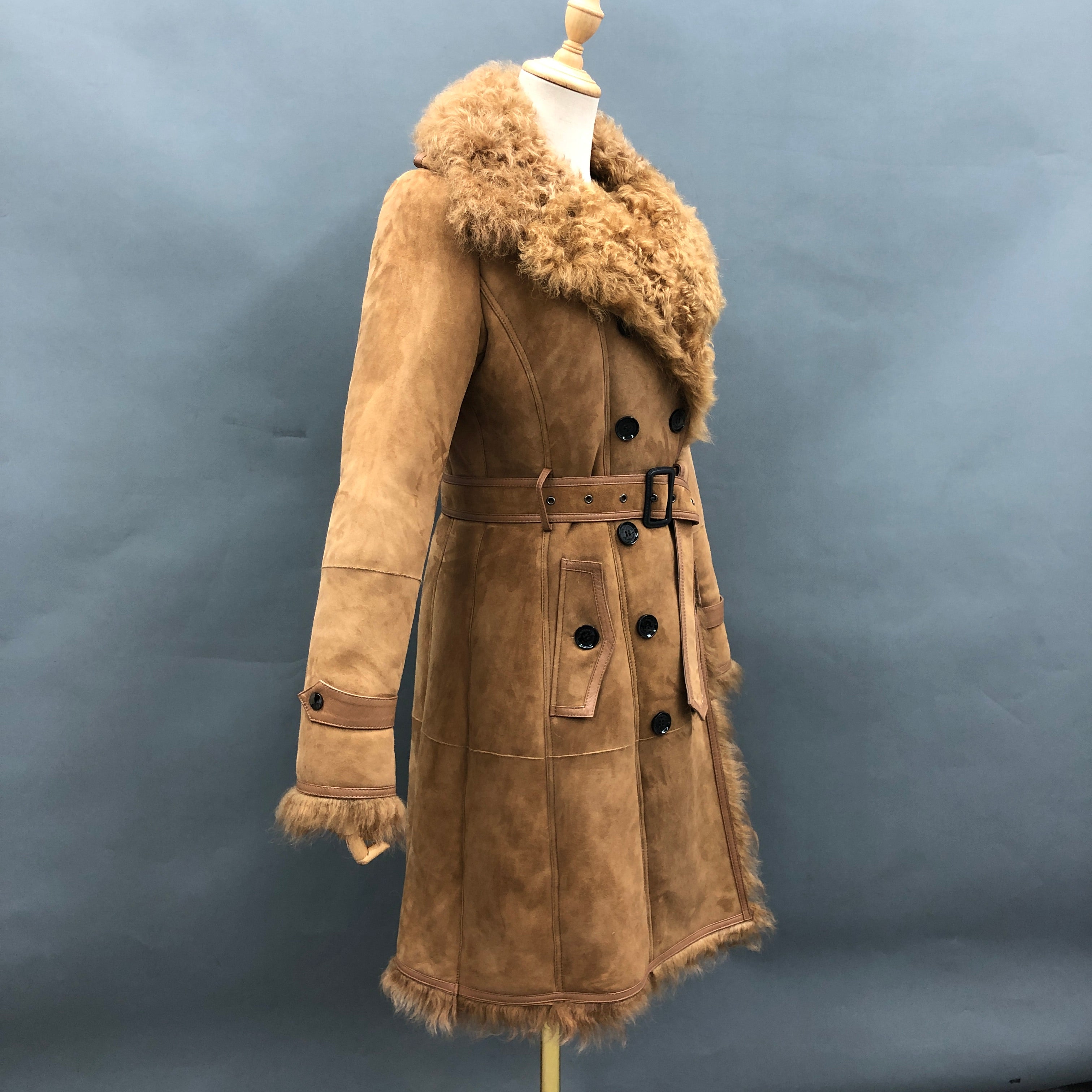 Women's Longline Double-Breasted Shearling Coat with Belted Waist, Fur Collar & Trim - Luxe Winter Outerwear