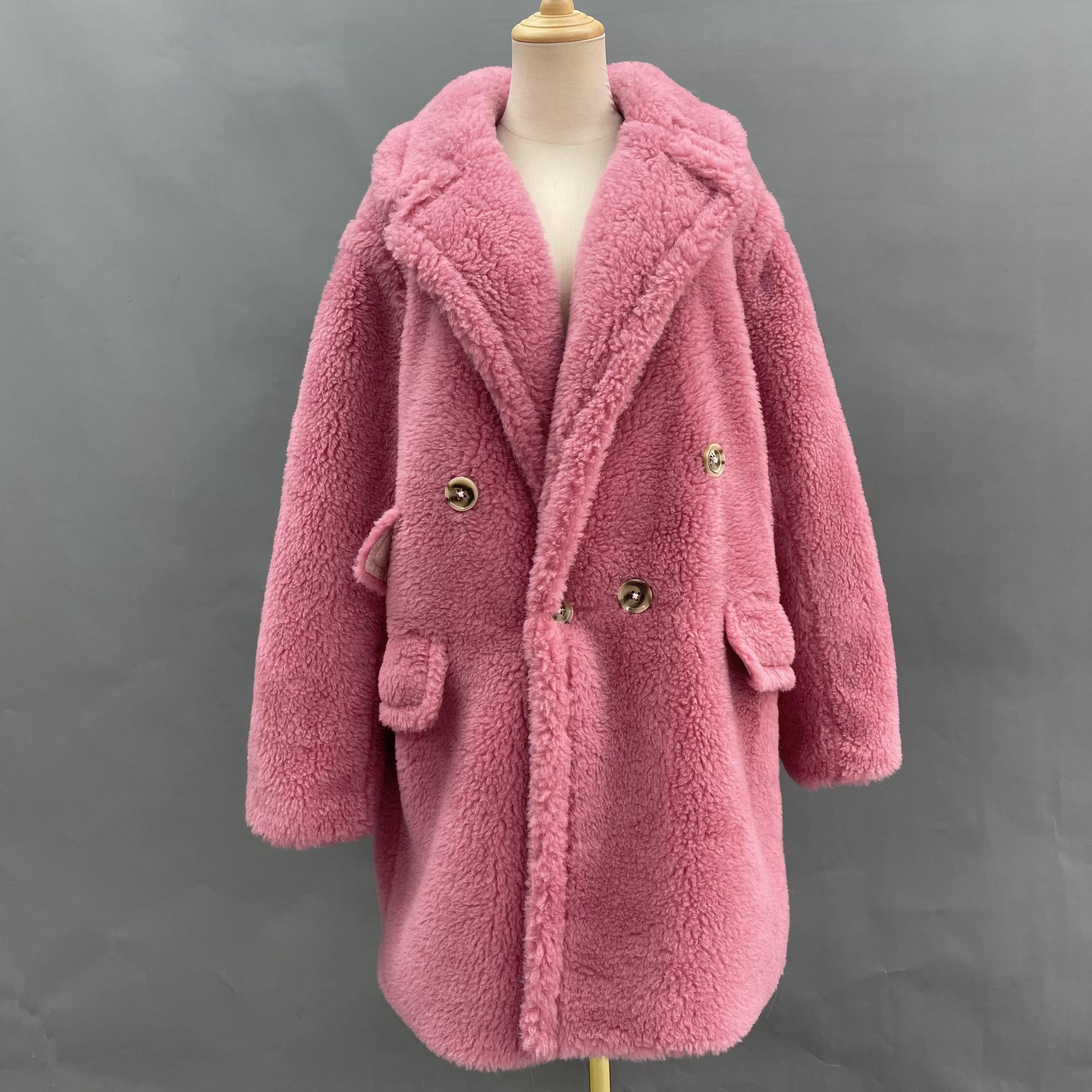 Women's Lime Green Sheepskin Shearling Coat with Asymmetric Pocket Flaps, Double-Breasted Notched Lapel - Luxe Winter Outerwear
