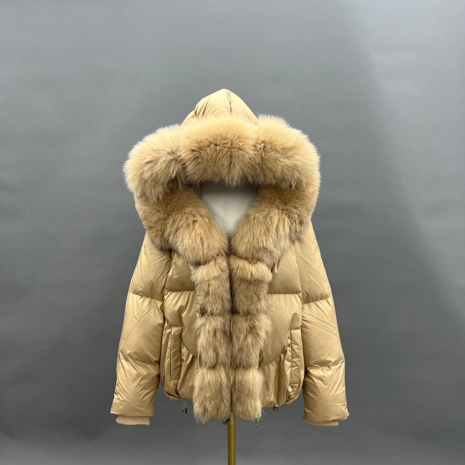 Goose Down-Lined Women's Segmented Fox Fur Placket Hooded Down Jacket