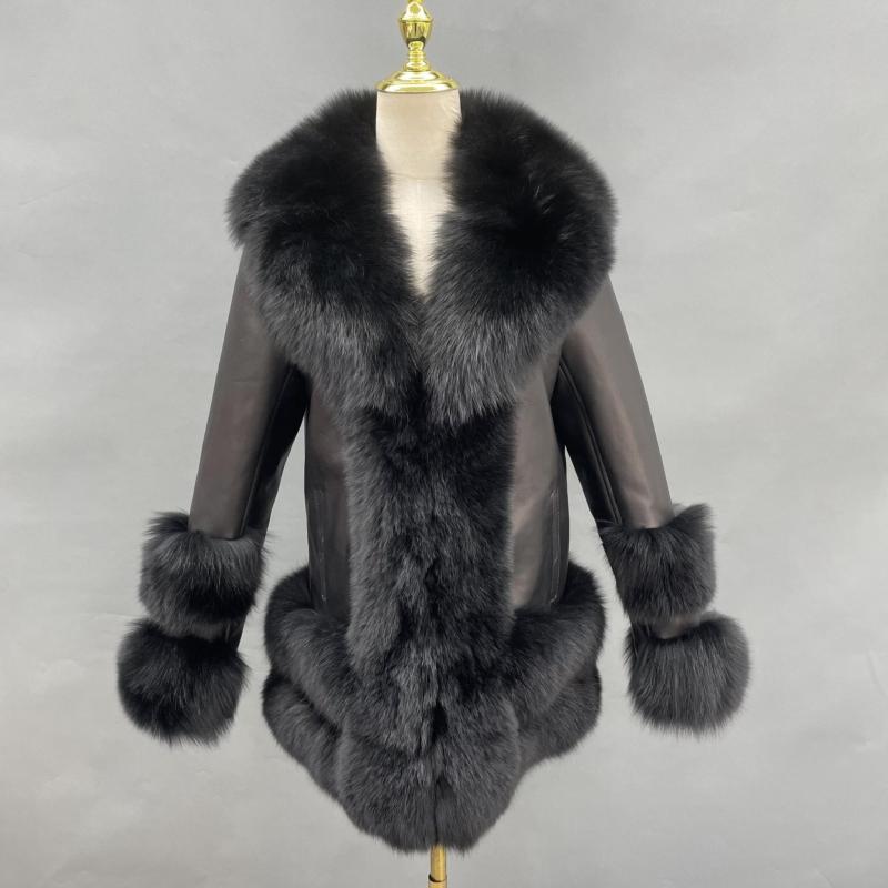 Luxury Fluffy Real Fox Fur Coat Women's Winter Fashion Coat Black