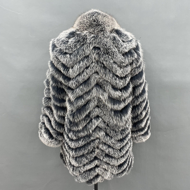 Women's Long Solid Colour Fox Fur Two-Sided Coat