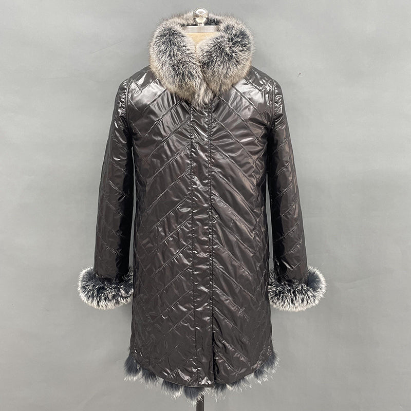 Women's Long Solid Colour Fox Fur Two-Sided Coat