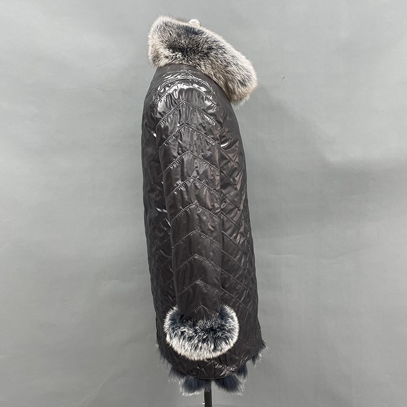 Women's Long Solid Colour Fox Fur Two-Sided Coat