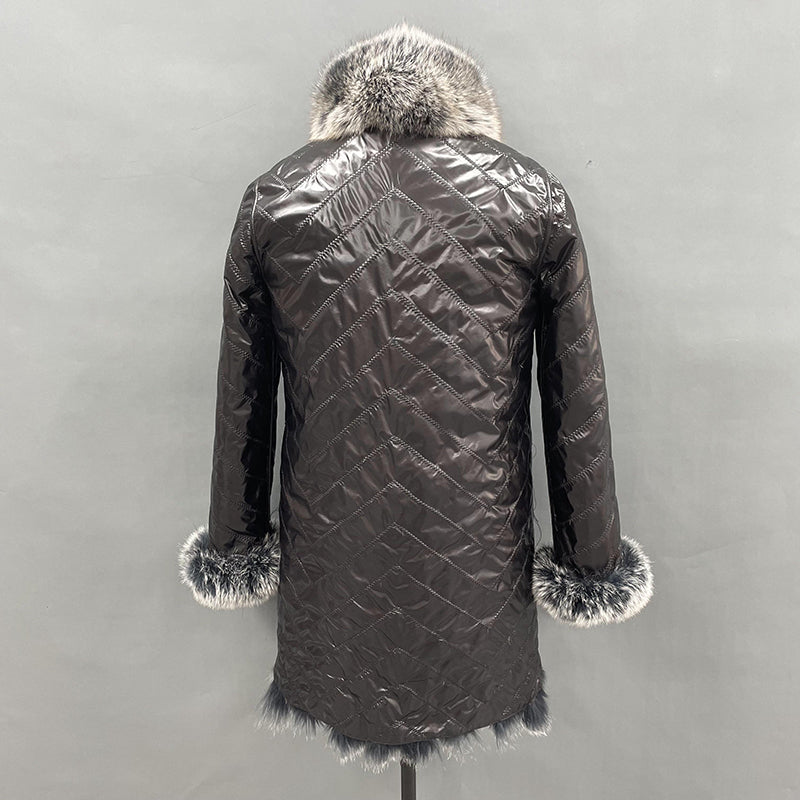 Women's Long Solid Colour Fox Fur Two-Sided Coat