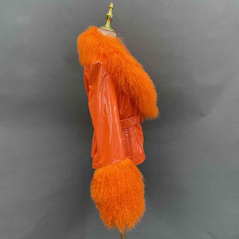 Spring And Autumn Women's Short Bright Leather Coat With Fur At The Collar And Cuffs