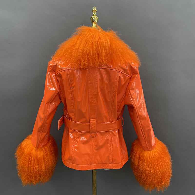Spring And Autumn Women's Short Bright Leather Coat With Fur At The Collar And Cuffs