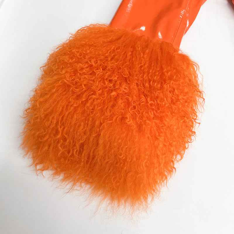 Spring And Autumn Women's Short Bright Leather Coat With Fur At The Collar And Cuffs