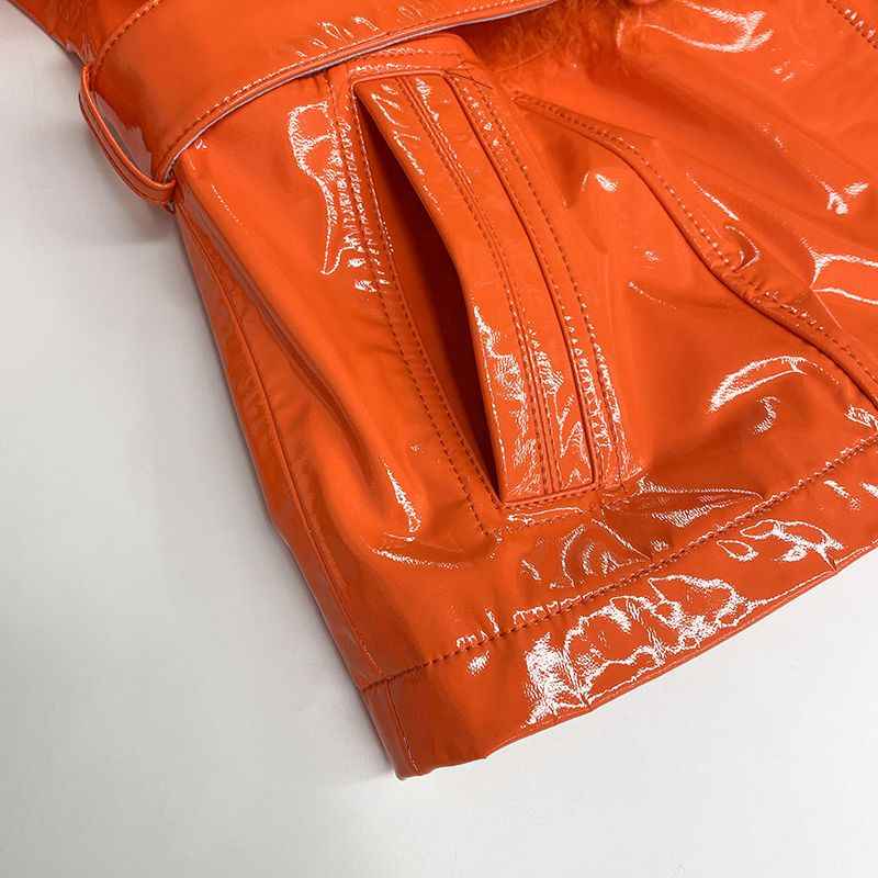 Spring And Autumn Women's Short Bright Leather Coat With Fur At The Collar And Cuffs