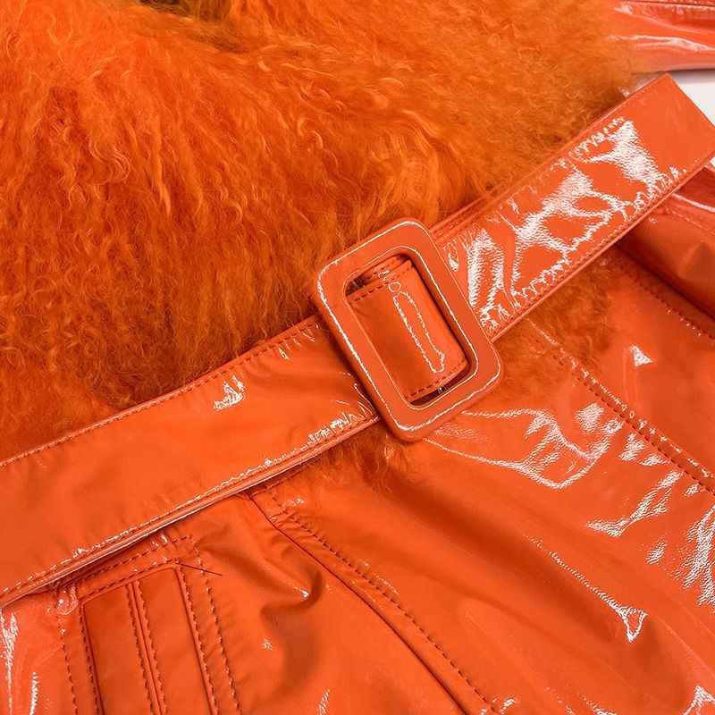 Spring And Autumn Women's Short Bright Leather Coat With Fur At The Collar And Cuffs