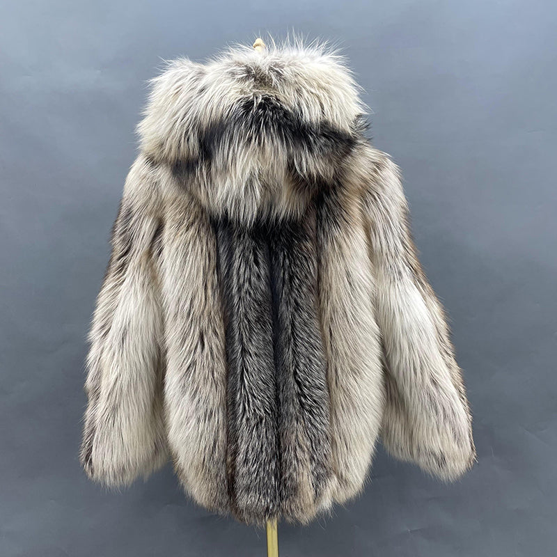 Classic Design Vertical Stripe Natural Color Fox Fur Coat Big Hood Luxury Fluffy Clothing