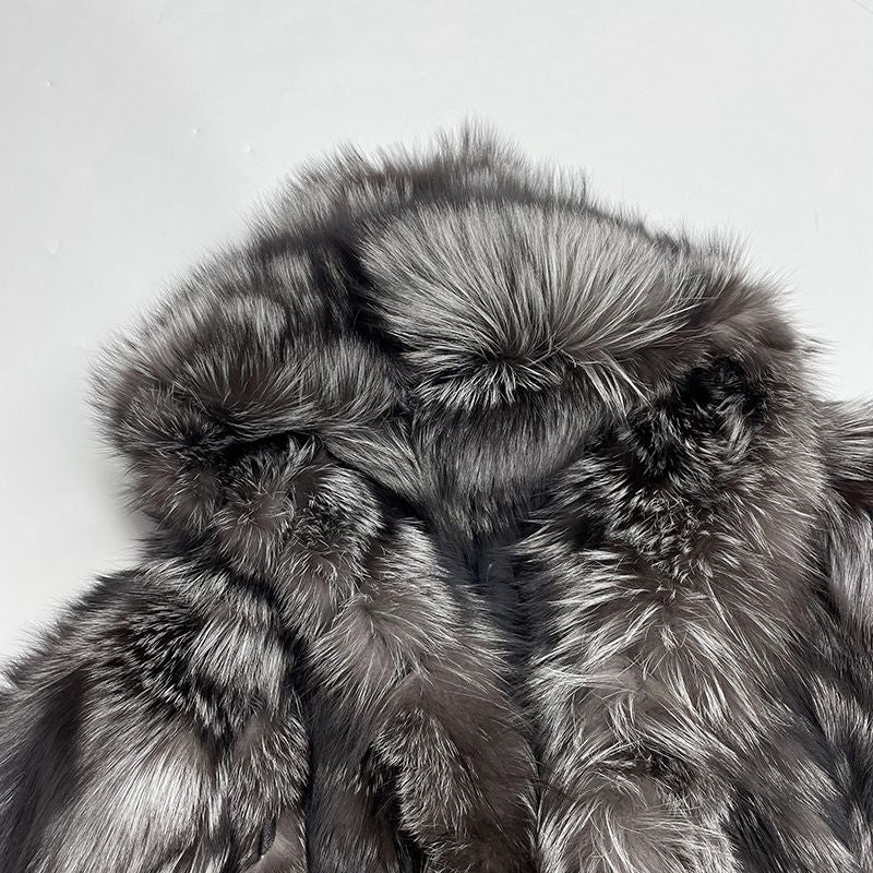 Winter Plus Size Luxury Women's Real Fox Fur Jacket Long Hooded Coat