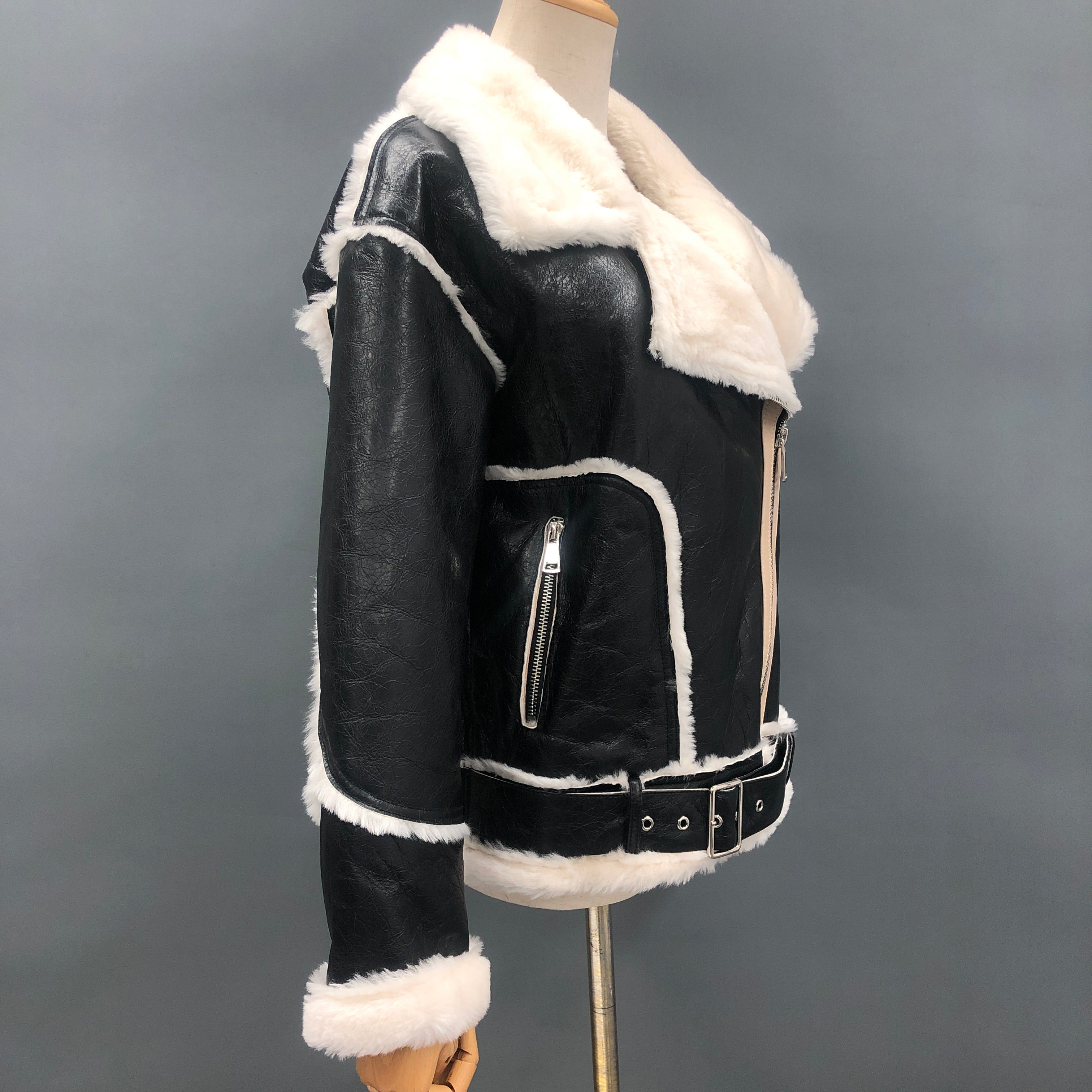 Women's Glossy Shearling Biker Jacket with Contrast Fur Trim & Edging - Luxe Winter Outerwear