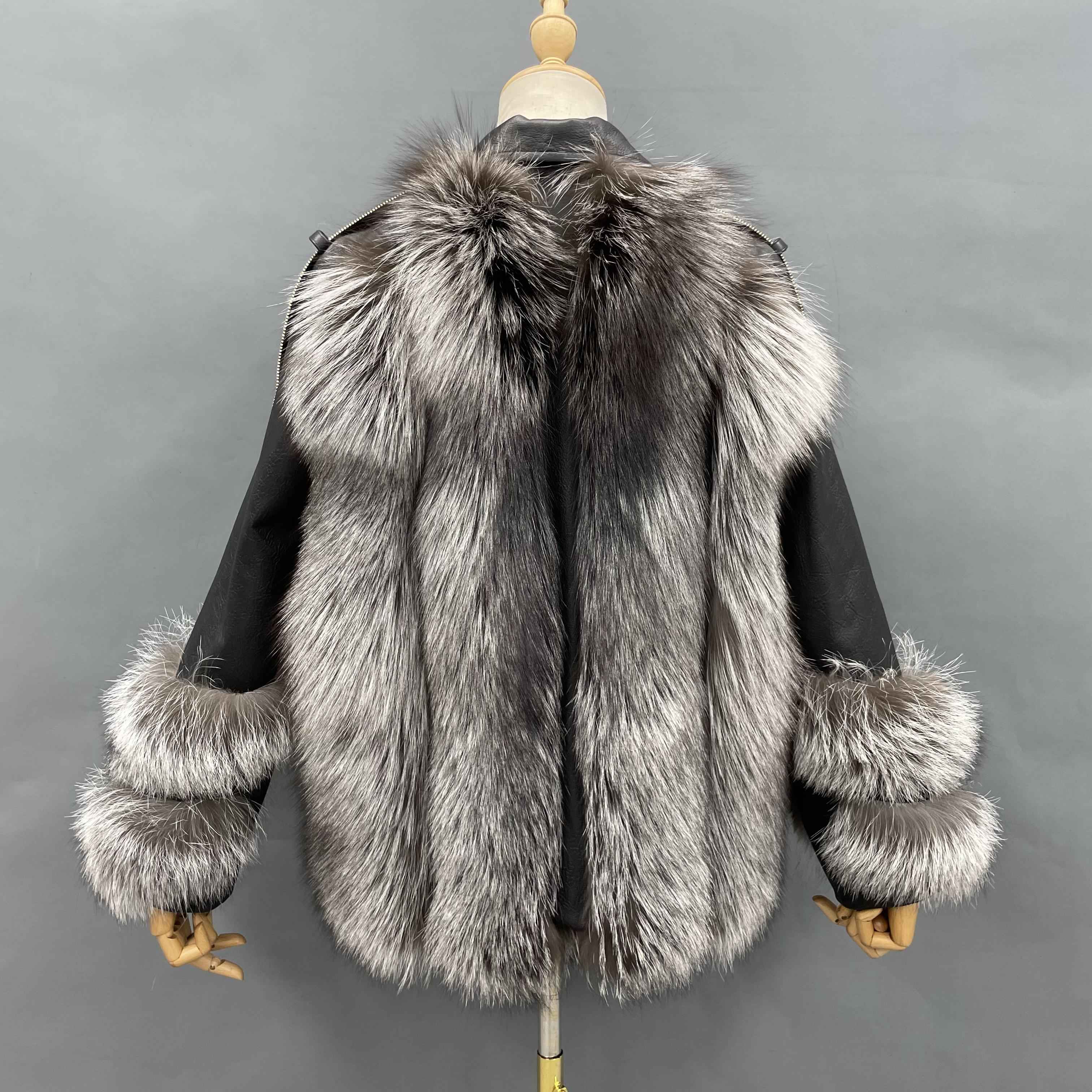 Women's Luxury Fox Fur & Leather Patchwork Jacket - Notched Lapel with Fur-Cuffed Sleeves & Shoulder Strap Detail Winter Fashion Outerwear