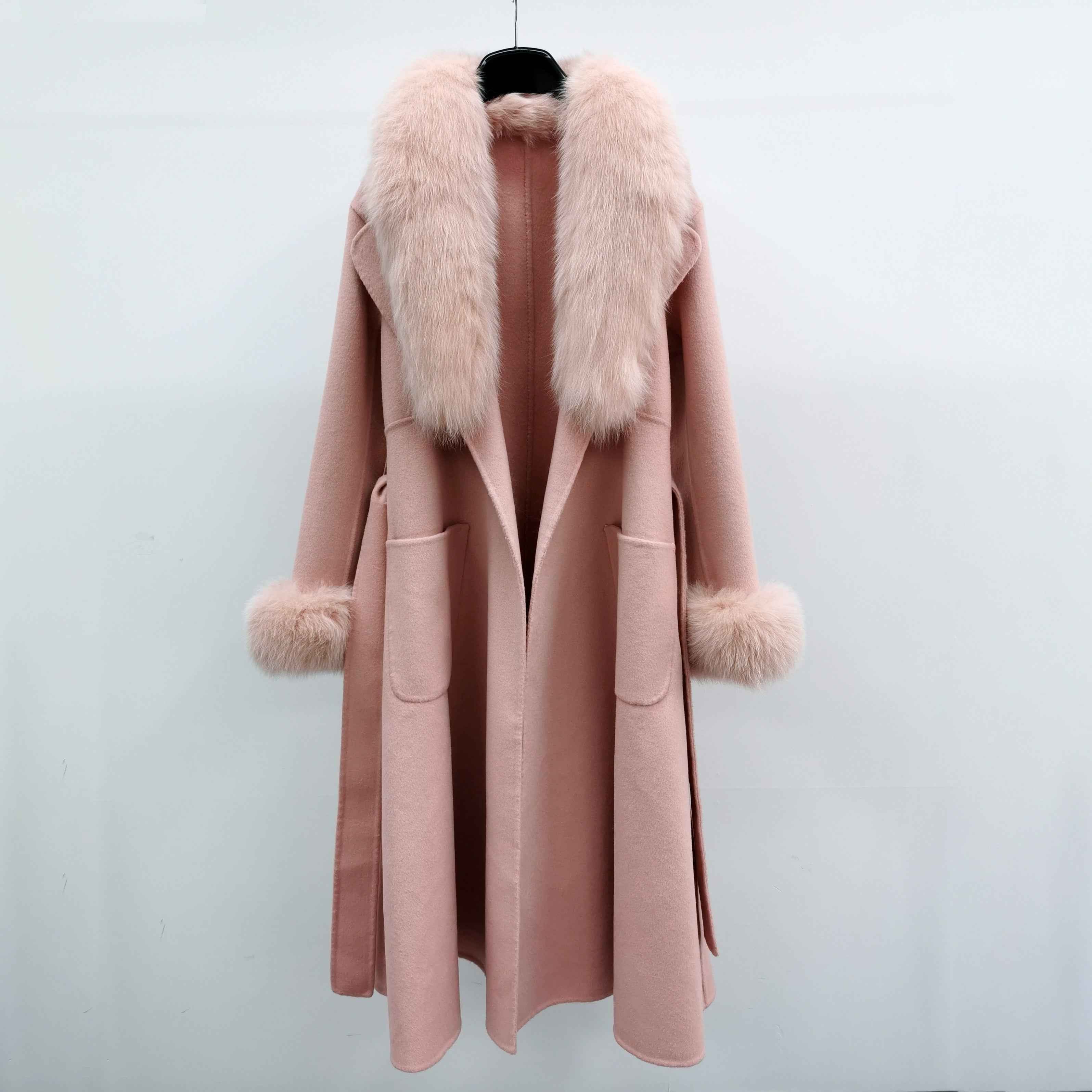 Women's Camel Wool Long Coat with Fox Fur Collar and Cuffs Trim, Elegant Oversized Winter Jacket for Casual Outfits Pink