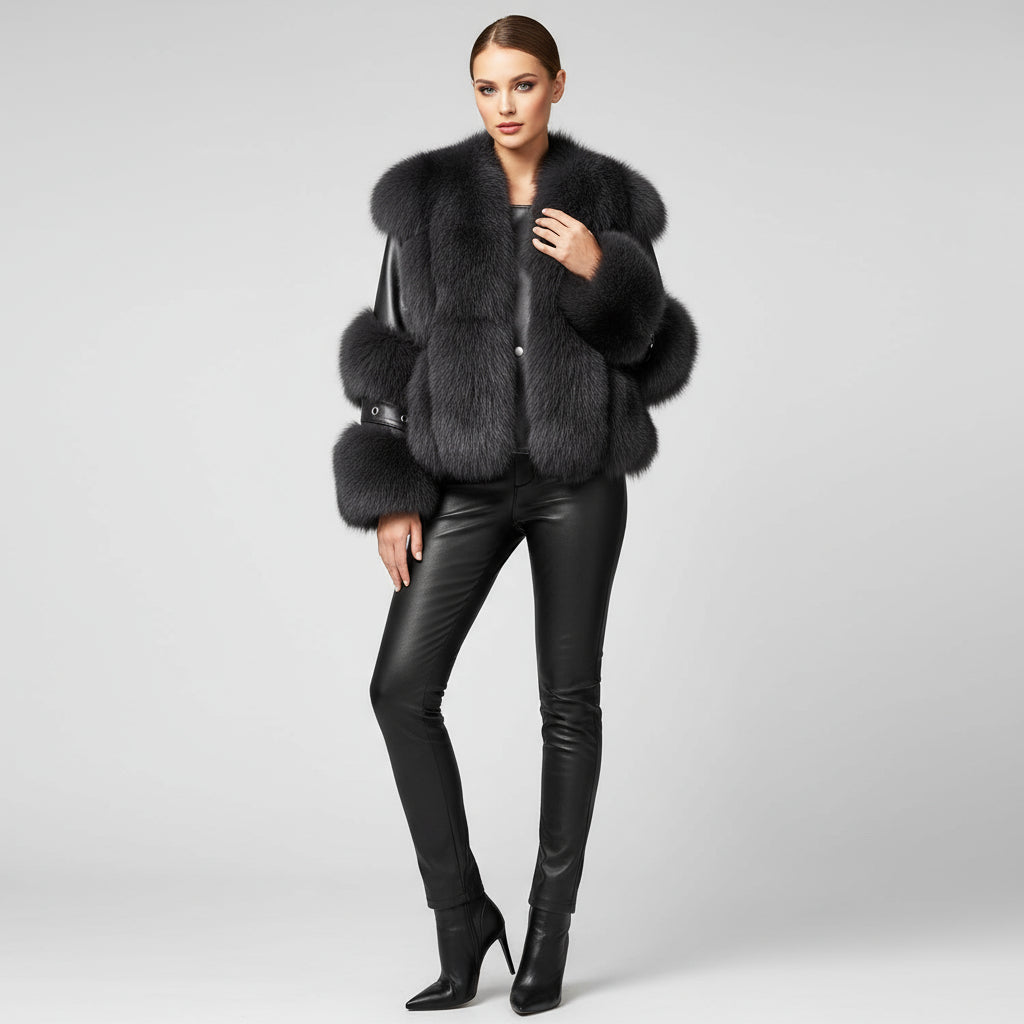 New Arrival Dark Grey Fox Fur Coat with Leather Patchwork - Cropped Biker Style Winter Outerwear" Black