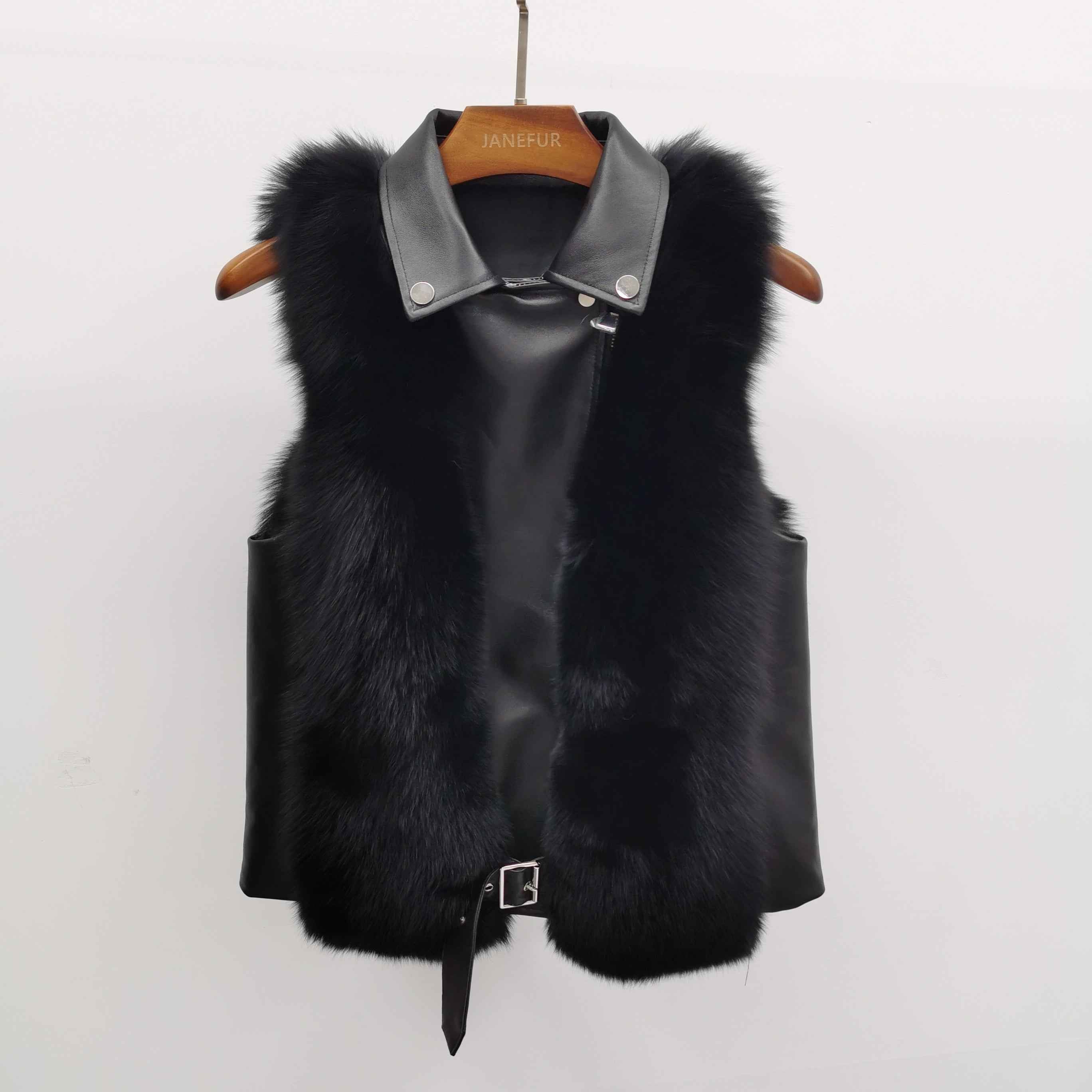 Women's Fox Fur Vest with Leather Collar - Edgy Buckle-Accented Outerwear