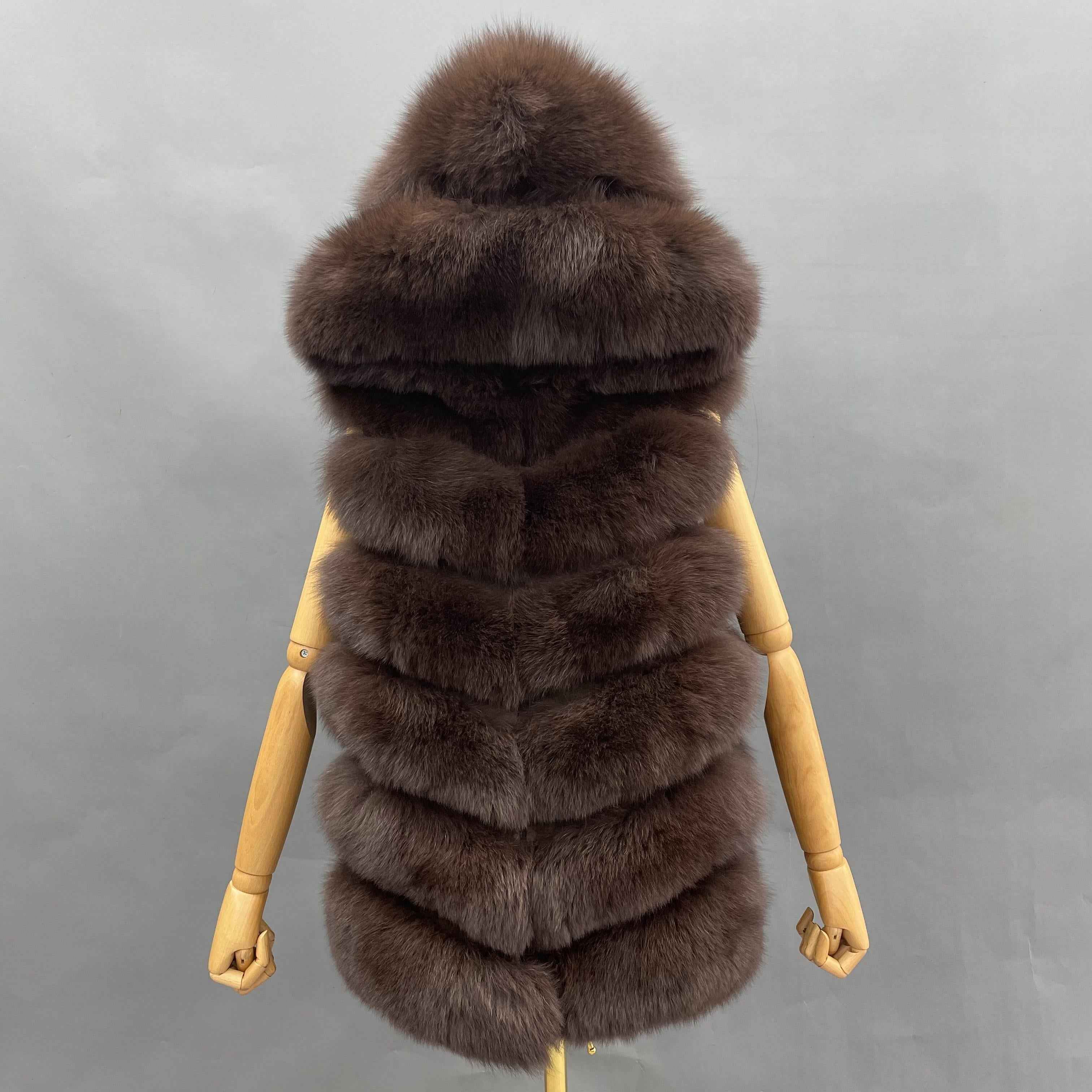 Women's 6-Panel Hooded Fox Fur Vest - Classic Versatile Winter Essential Outerwear Brwon
