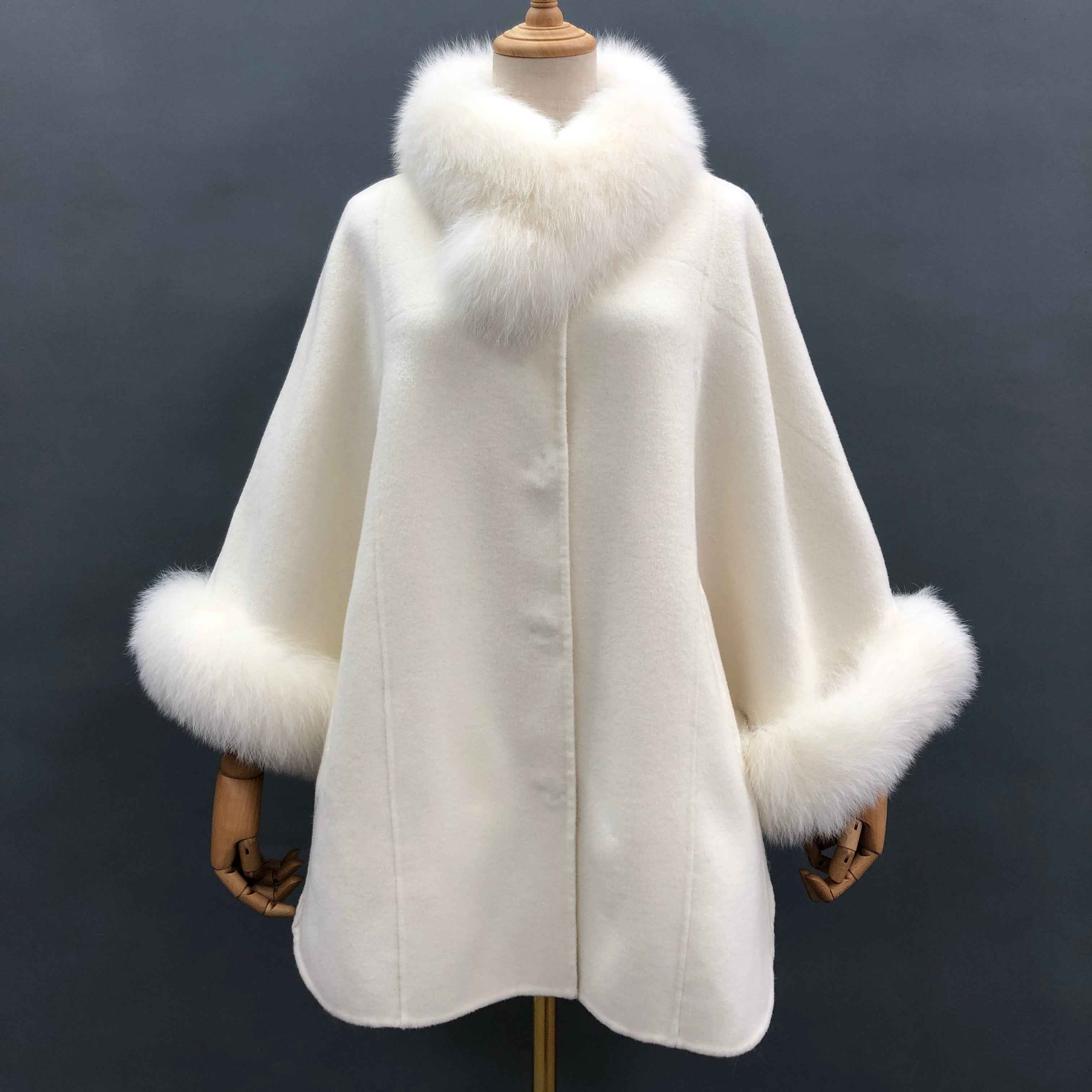 Women's Luxury Double - Faced Wool Cape with Removable Faux Fur Collar and Cuffs, Elegant Winter Outerwear White F