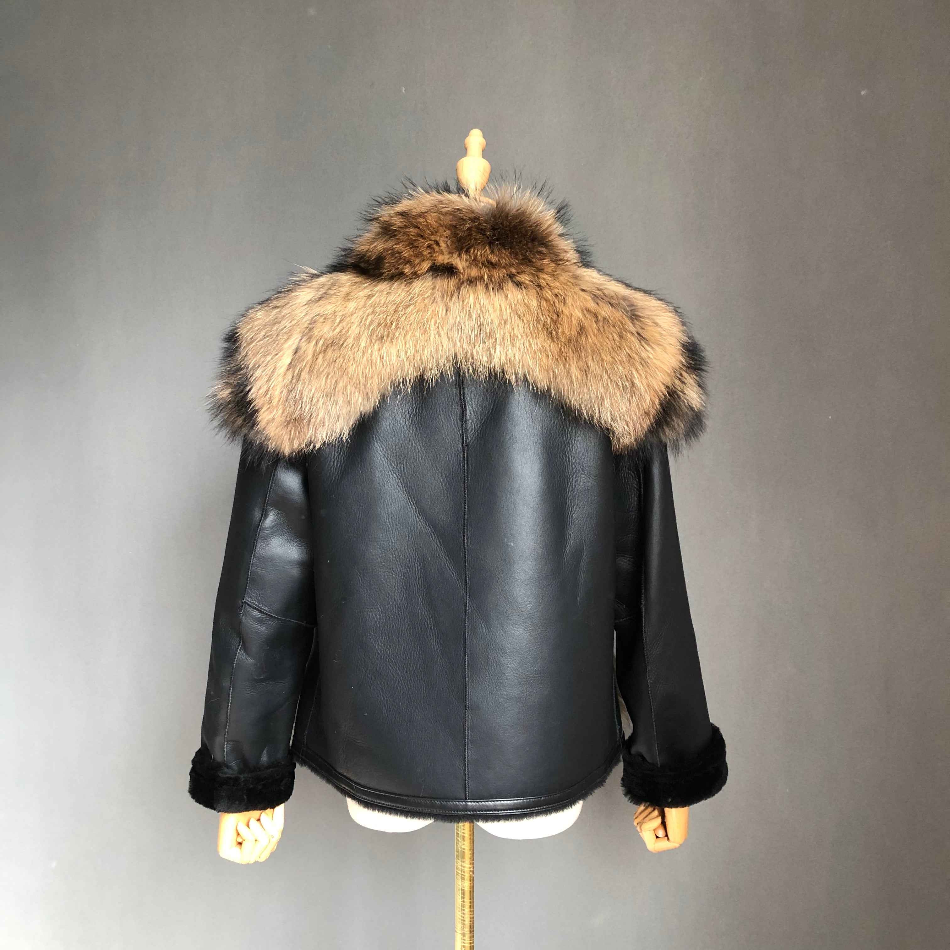 Women's Shearling Leather Coat with Raccoon Fur Trim - Windproof Luxury Winter Outerwear