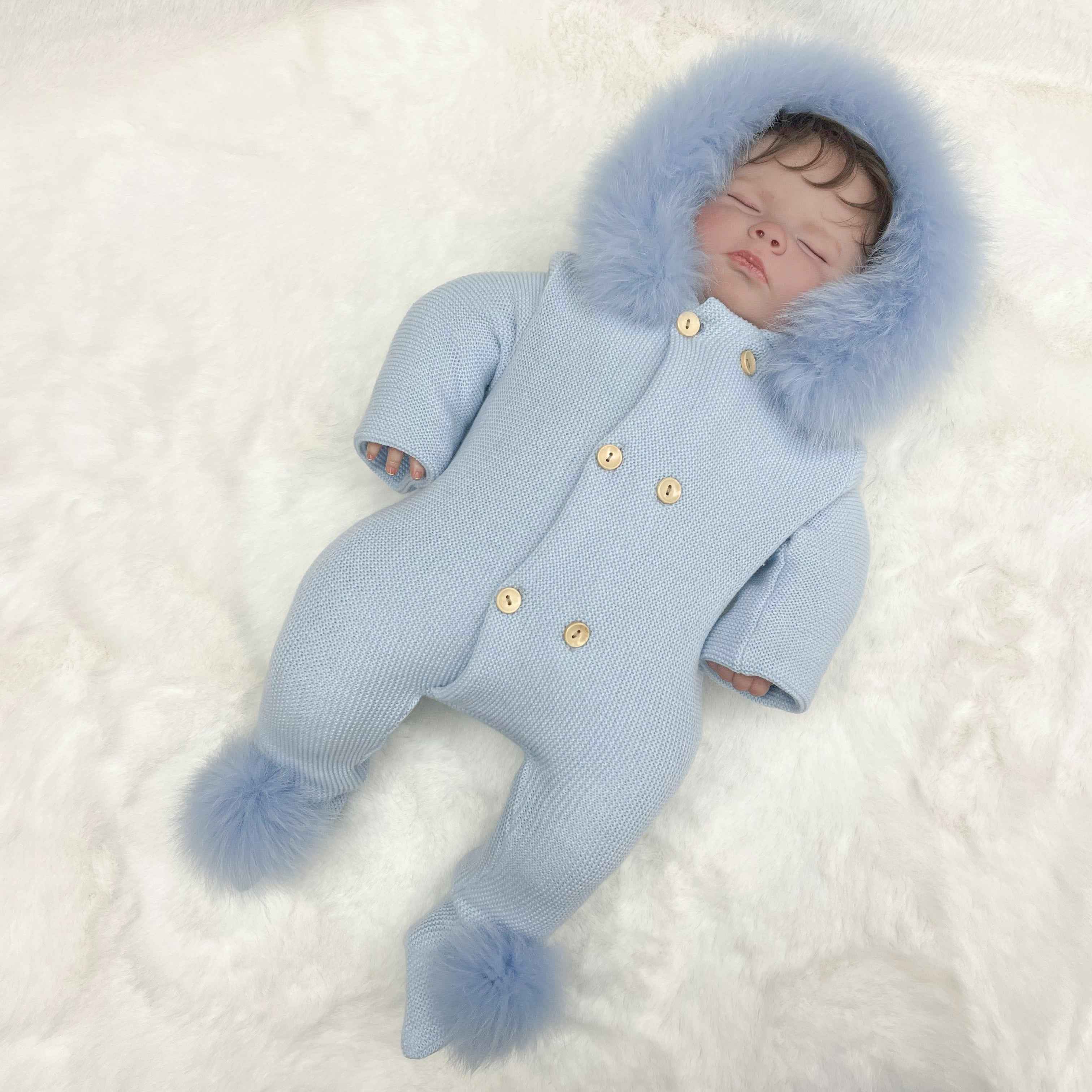 Soft Faux Fur Double-Breasted Knit Romper for Babies - Newborn to Toddler Warm Jumpsuit Blue F