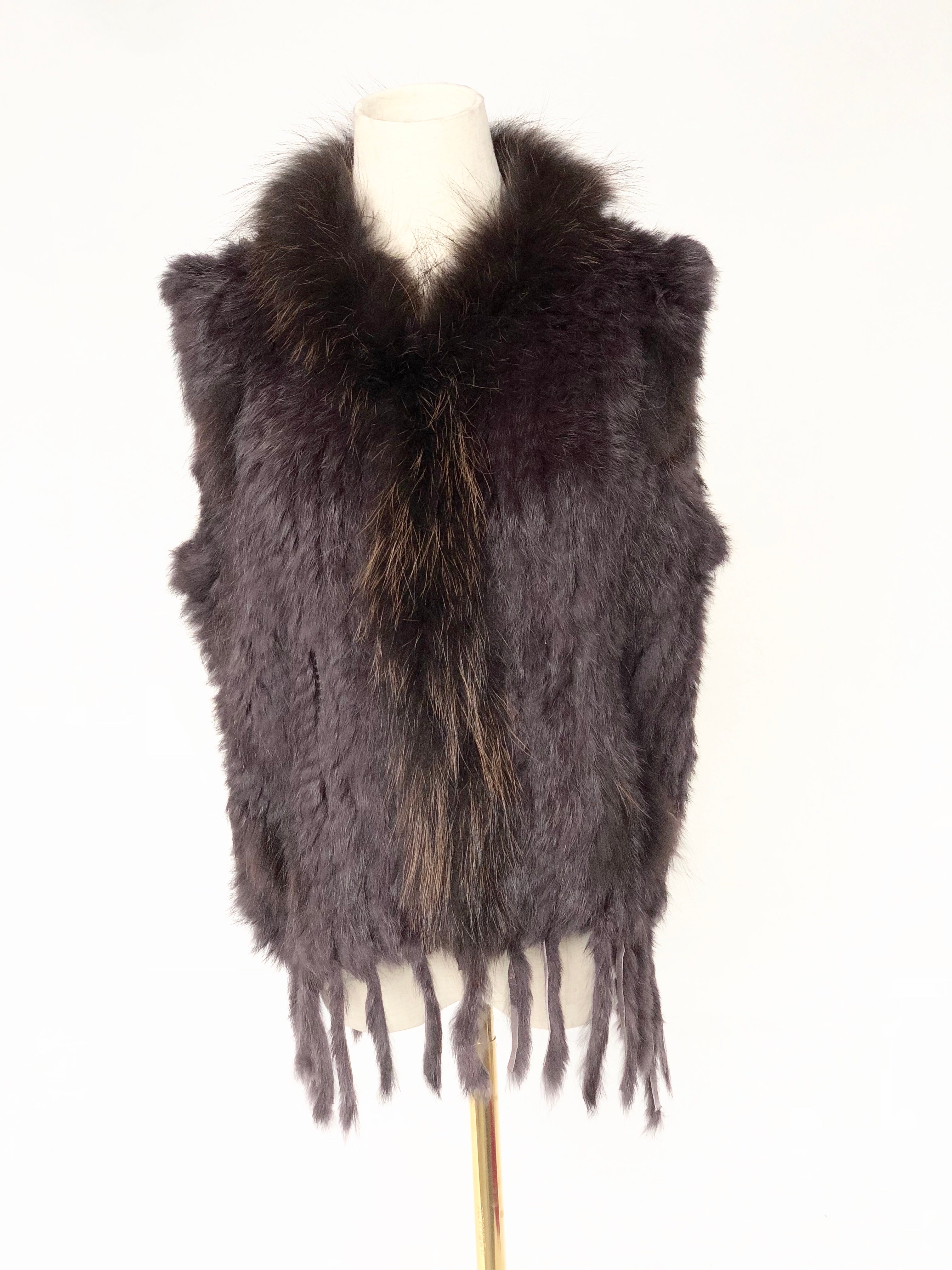 Women's Fuchsia Knitted Rabbit & Fox Fur Vest with Ragged Tramp Style & Fringe Details - Luxe Statement Outerwear