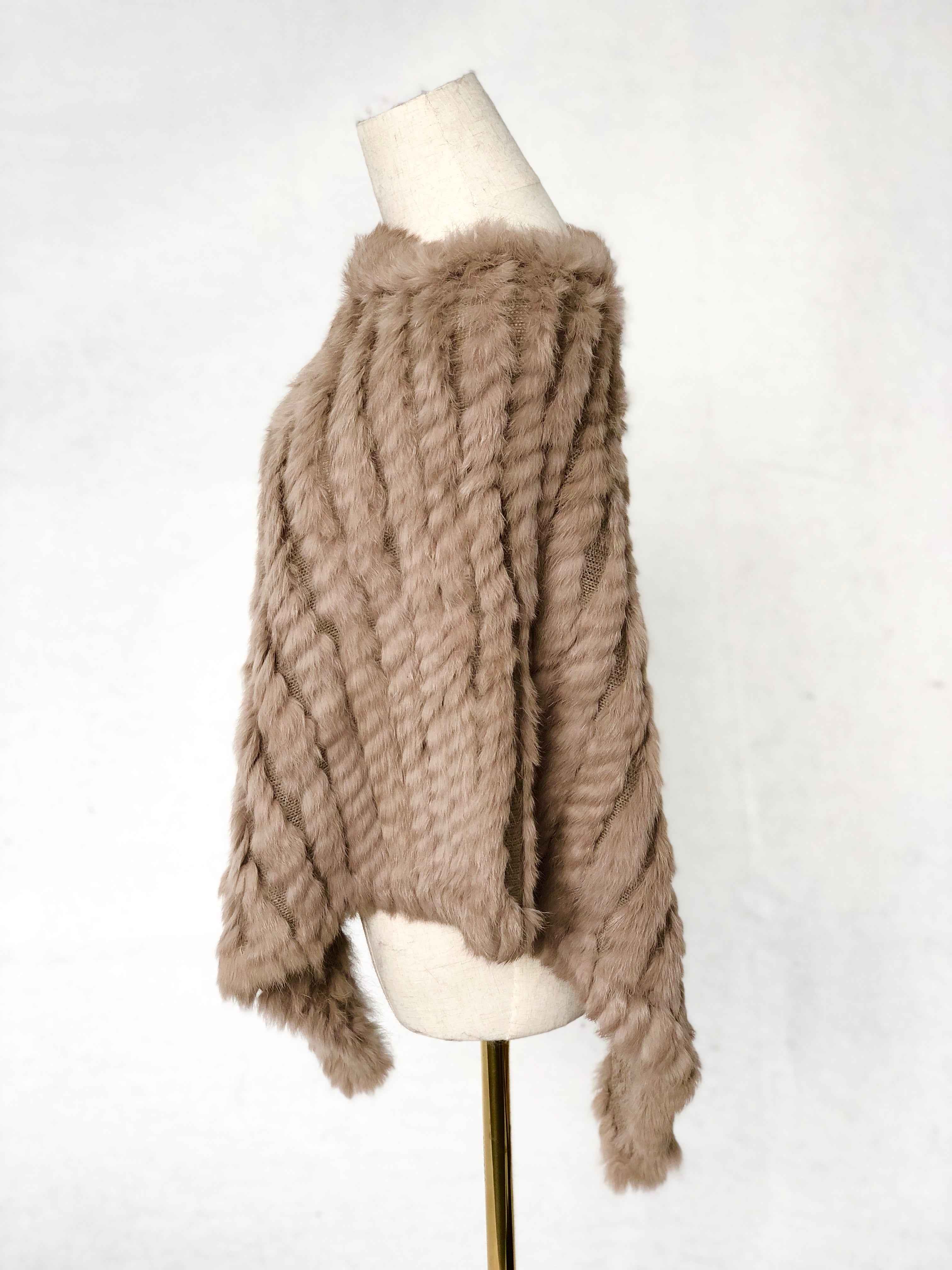 Women's Black & White Rabbit Fur Triangular Shawl - Luxe Winter Accessory