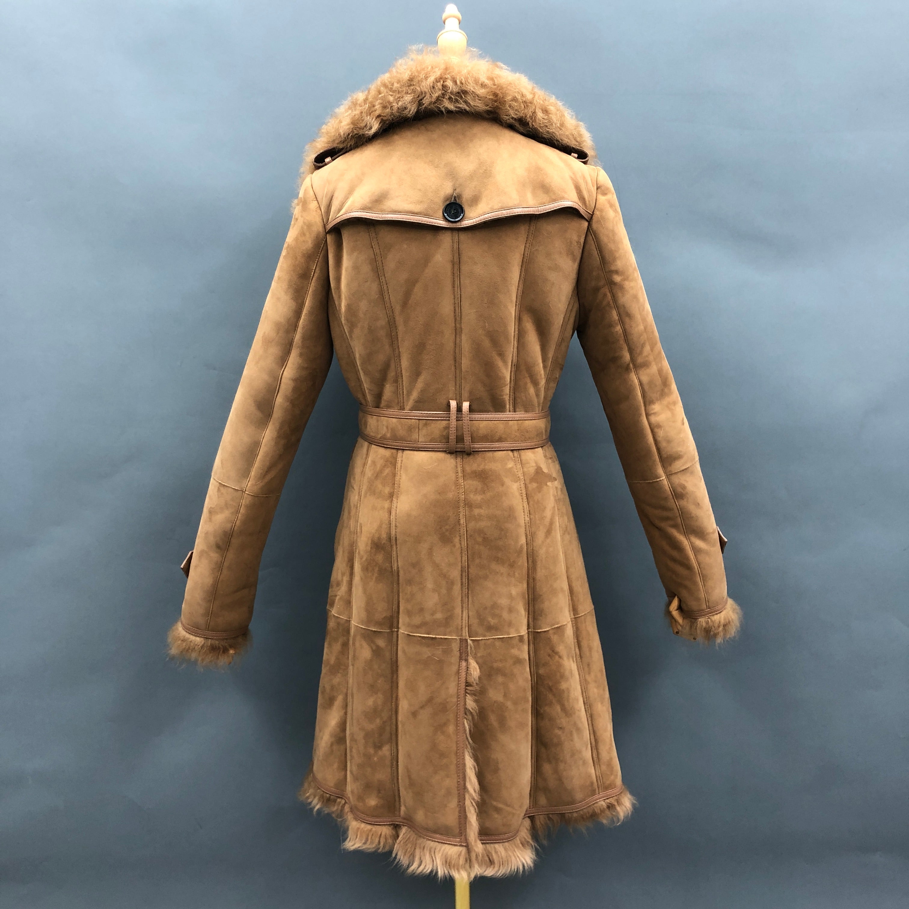 Women's Longline Double-Breasted Shearling Coat with Belted Waist, Fur Collar & Trim - Luxe Winter Outerwear