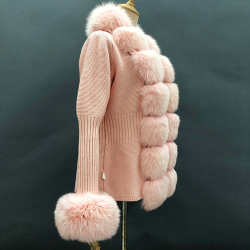 Women's Fashion Cuff Lapel with Fox Fur Knit Cardigan