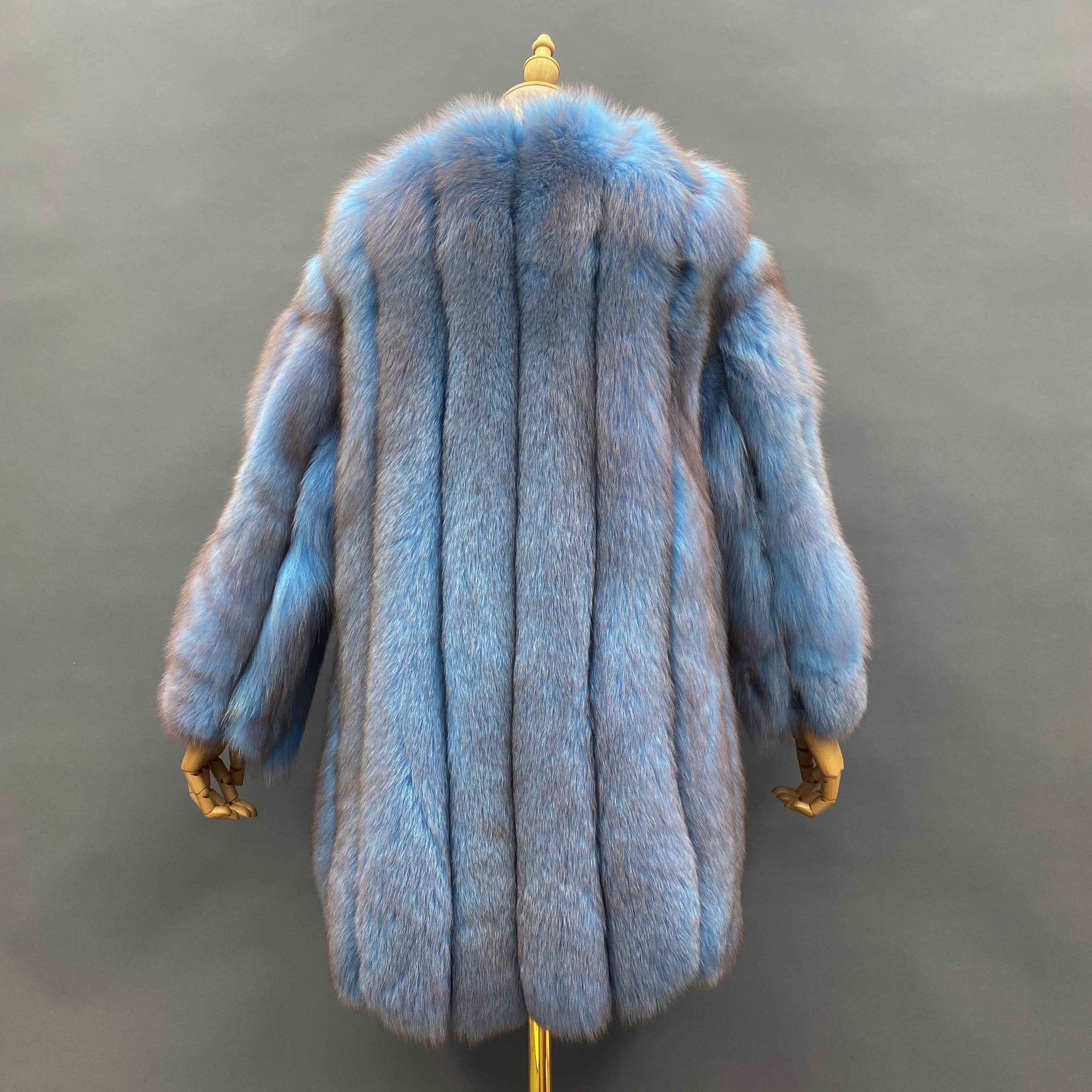 "Luxury Iridescent Fox Fur Coat: Artistic Puff-Stitched Winter Fashion Outerwear"